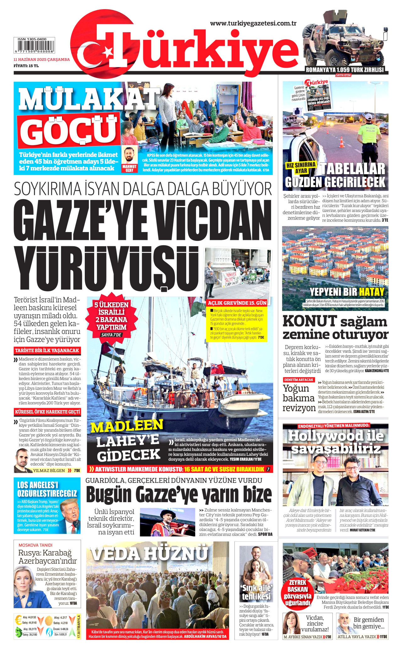TÜRKİYE GAZETESİ gazetesinin 11 Haziran 2025 tarihli birinci sayfası