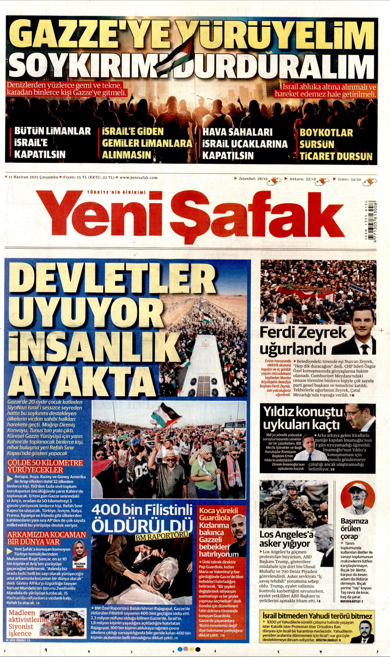 YENİ ŞAFAK gazetesinin 11 Haziran 2025 tarihli birinci sayfası