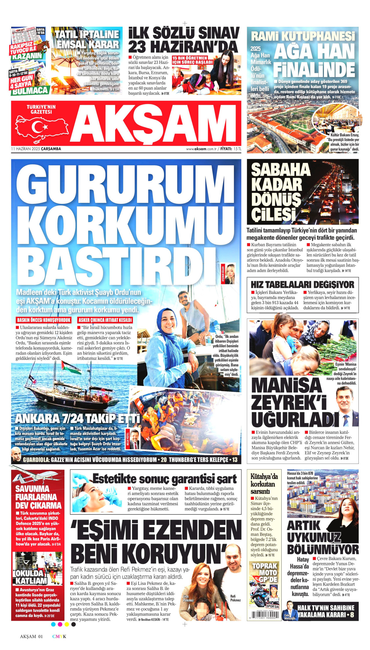 AKŞAM gazetesinin 11 Haziran 2025 tarihli birinci sayfası
