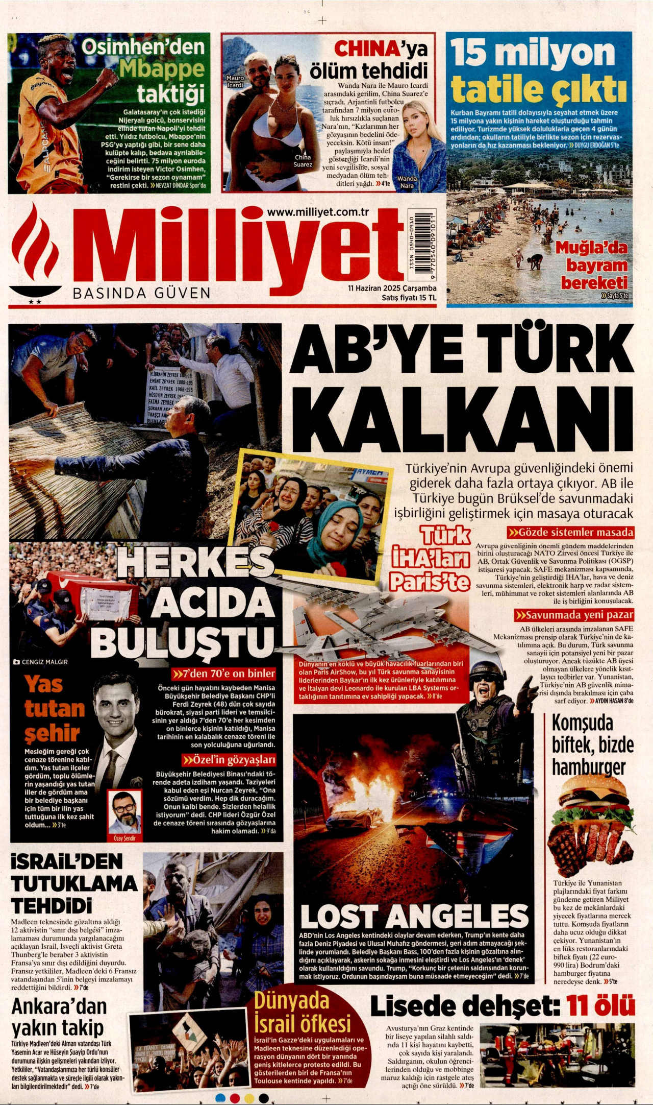 MİLLİYET gazetesinin 11 Haziran 2025 tarihli birinci sayfası