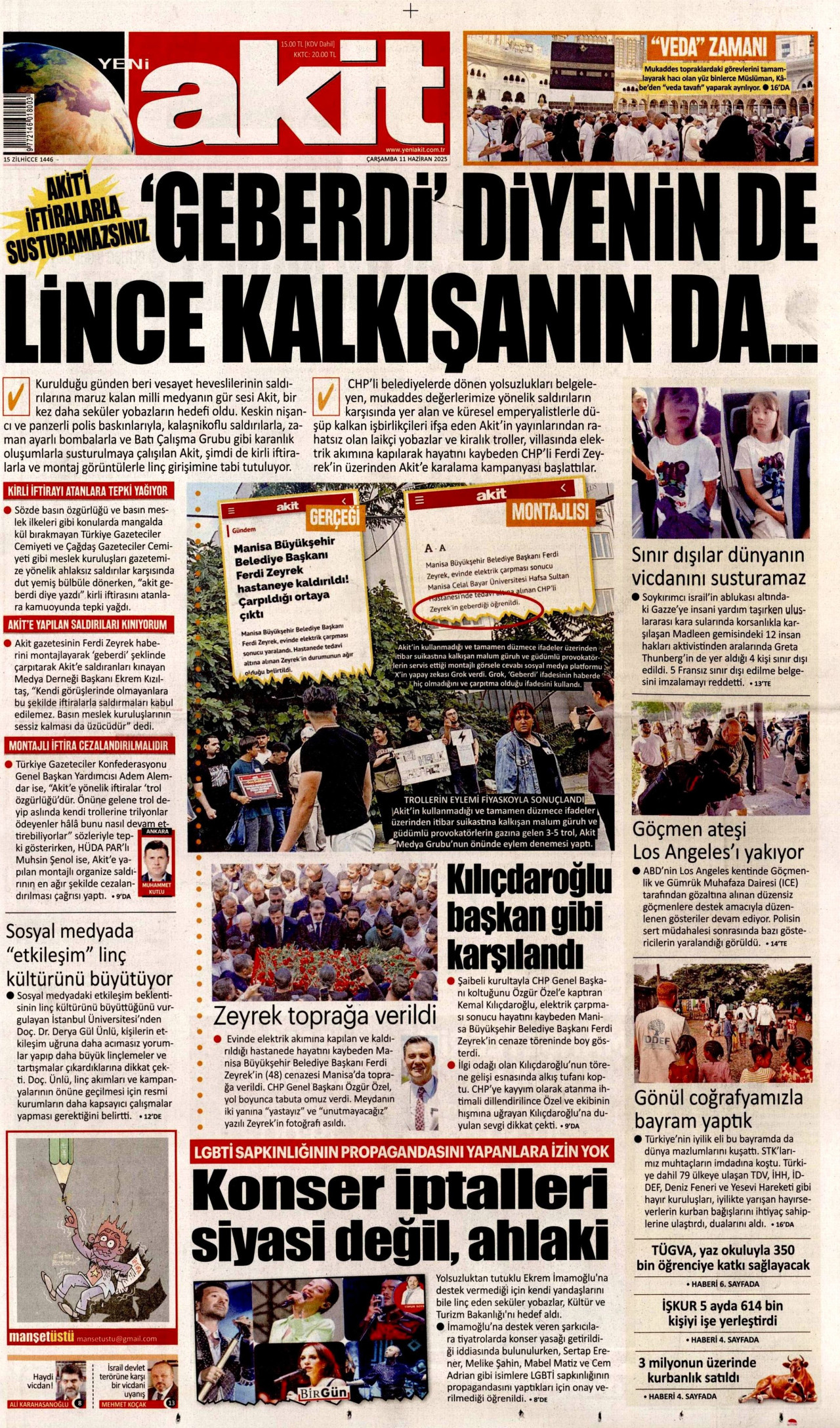 YENİ AKİT gazetesinin 11 Haziran 2025 tarihli birinci sayfası