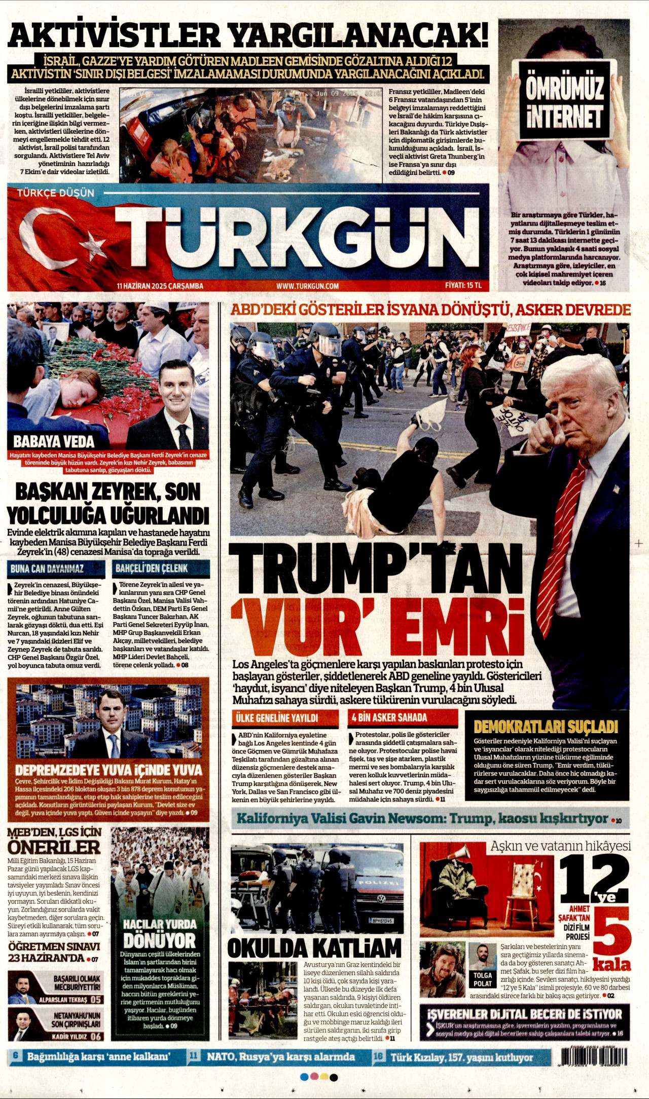 TÜRKGÜN gazetesinin 11 Haziran 2025 tarihli birinci sayfası