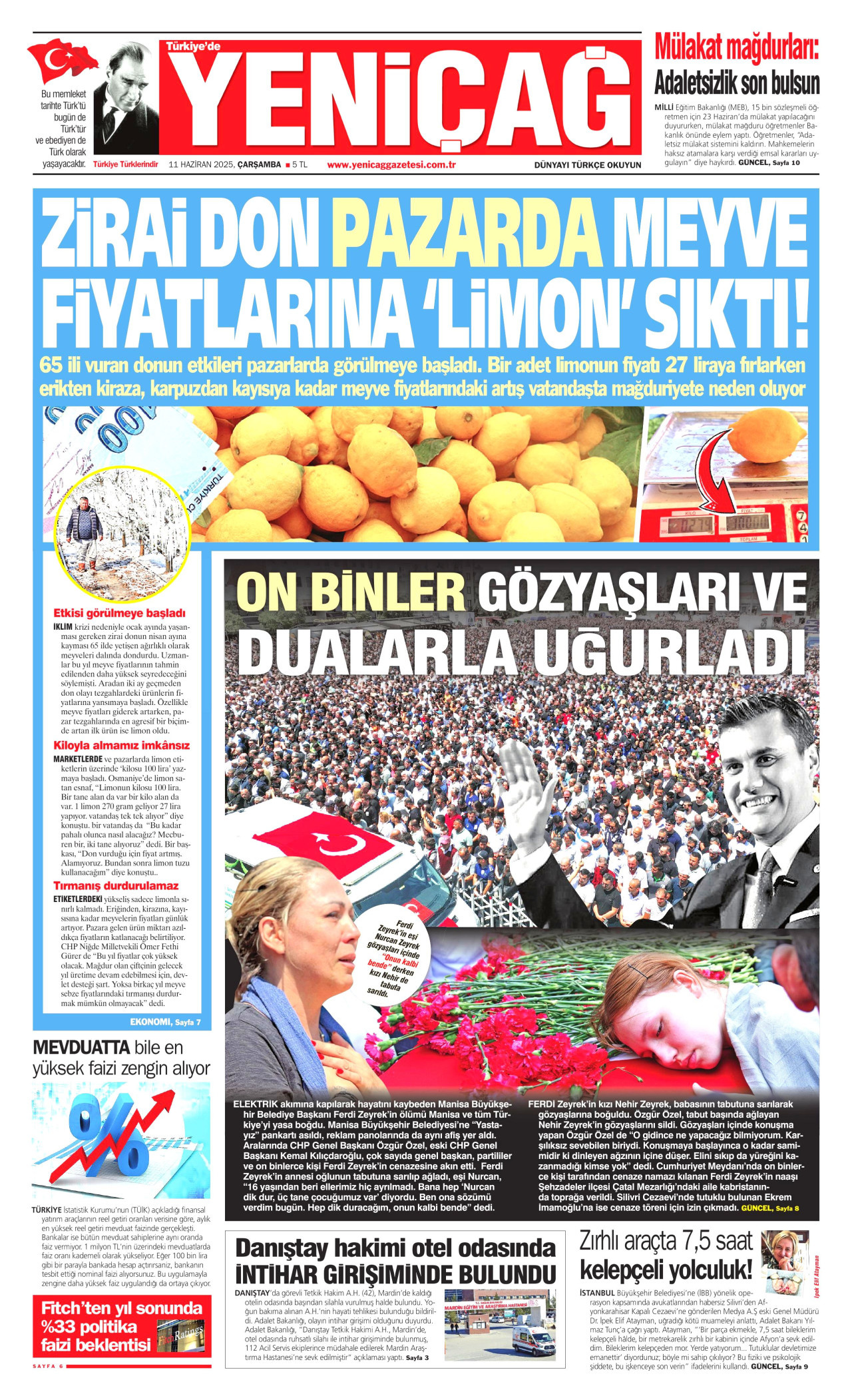 YENİÇAĞ gazetesinin 11 Haziran 2025 tarihli birinci sayfası