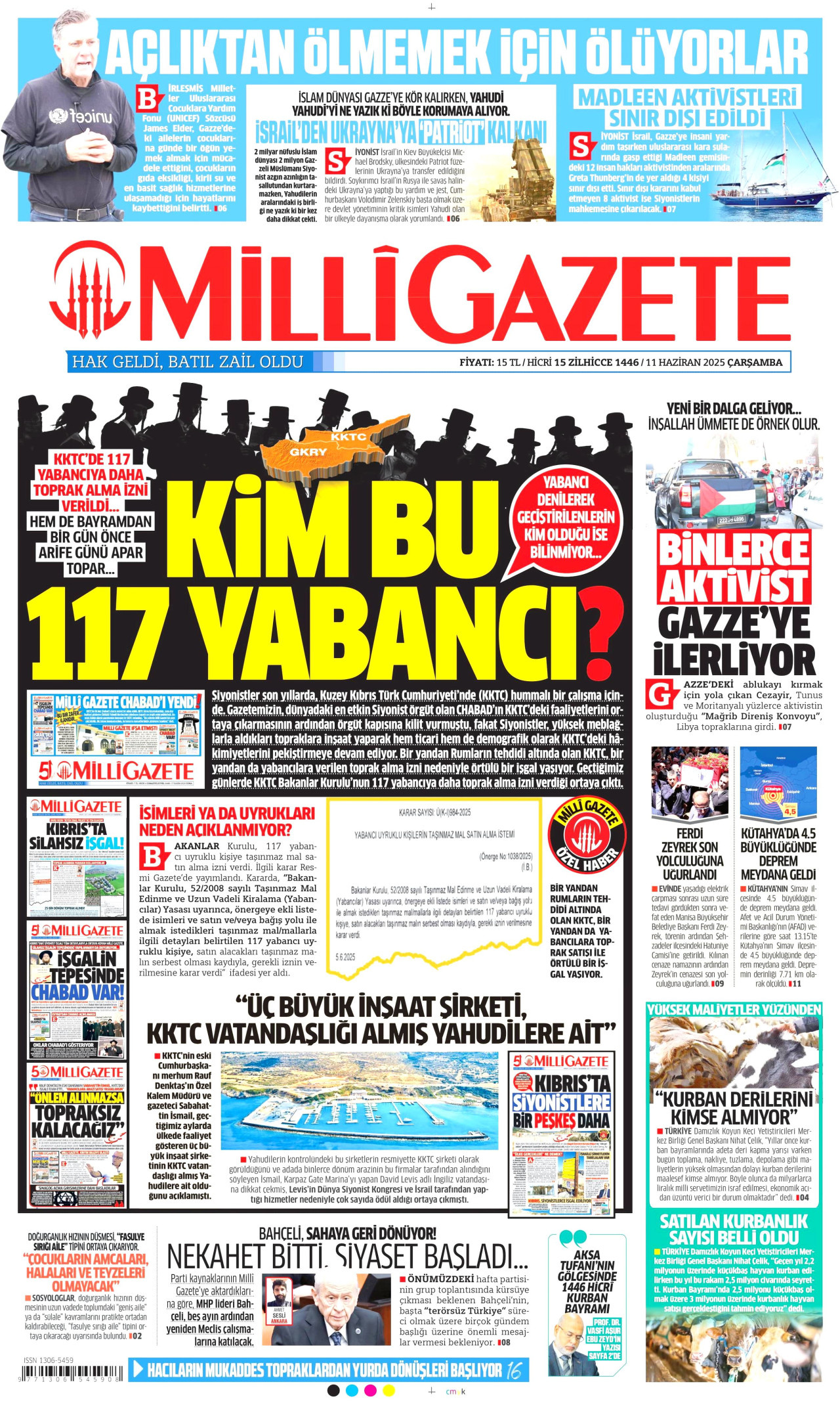 MİLLİ GAZETE gazetesinin 11 Haziran 2025 tarihli birinci sayfası