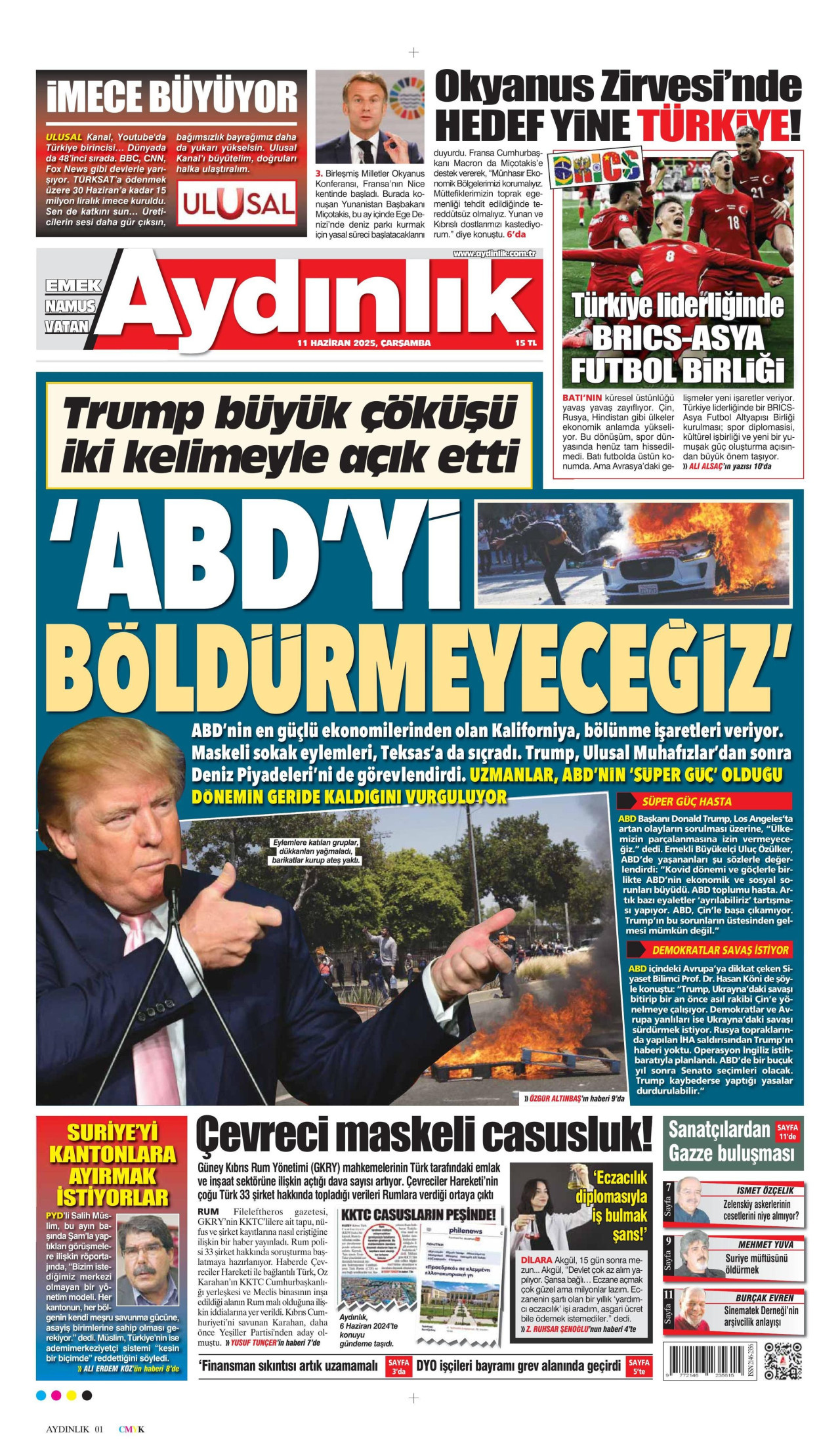 AYDINLIK GAZETESİ gazetesinin 11 Haziran 2025 tarihli birinci sayfası