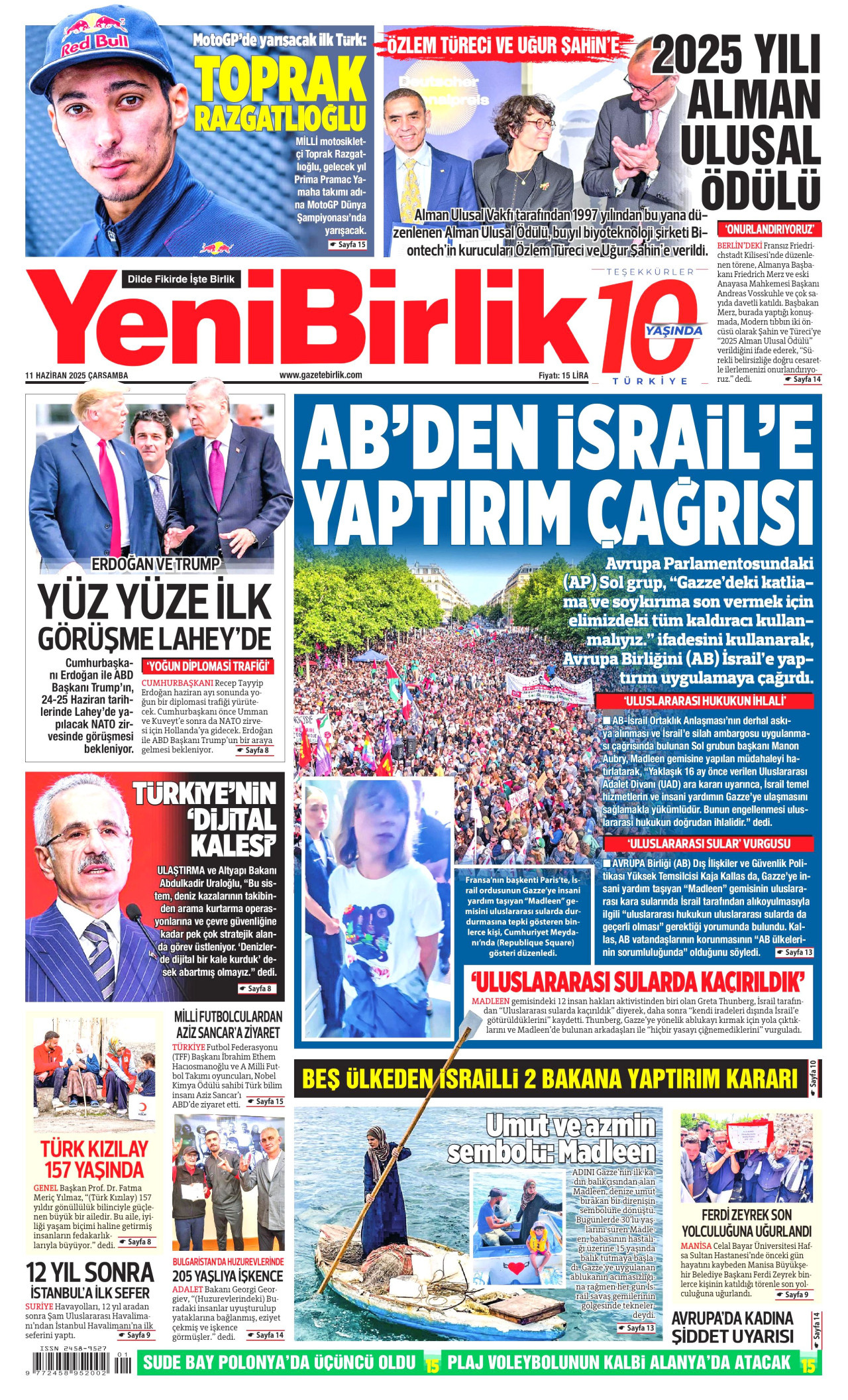 YENİBİRLİK gazetesinin 11 Haziran 2025 tarihli birinci sayfası