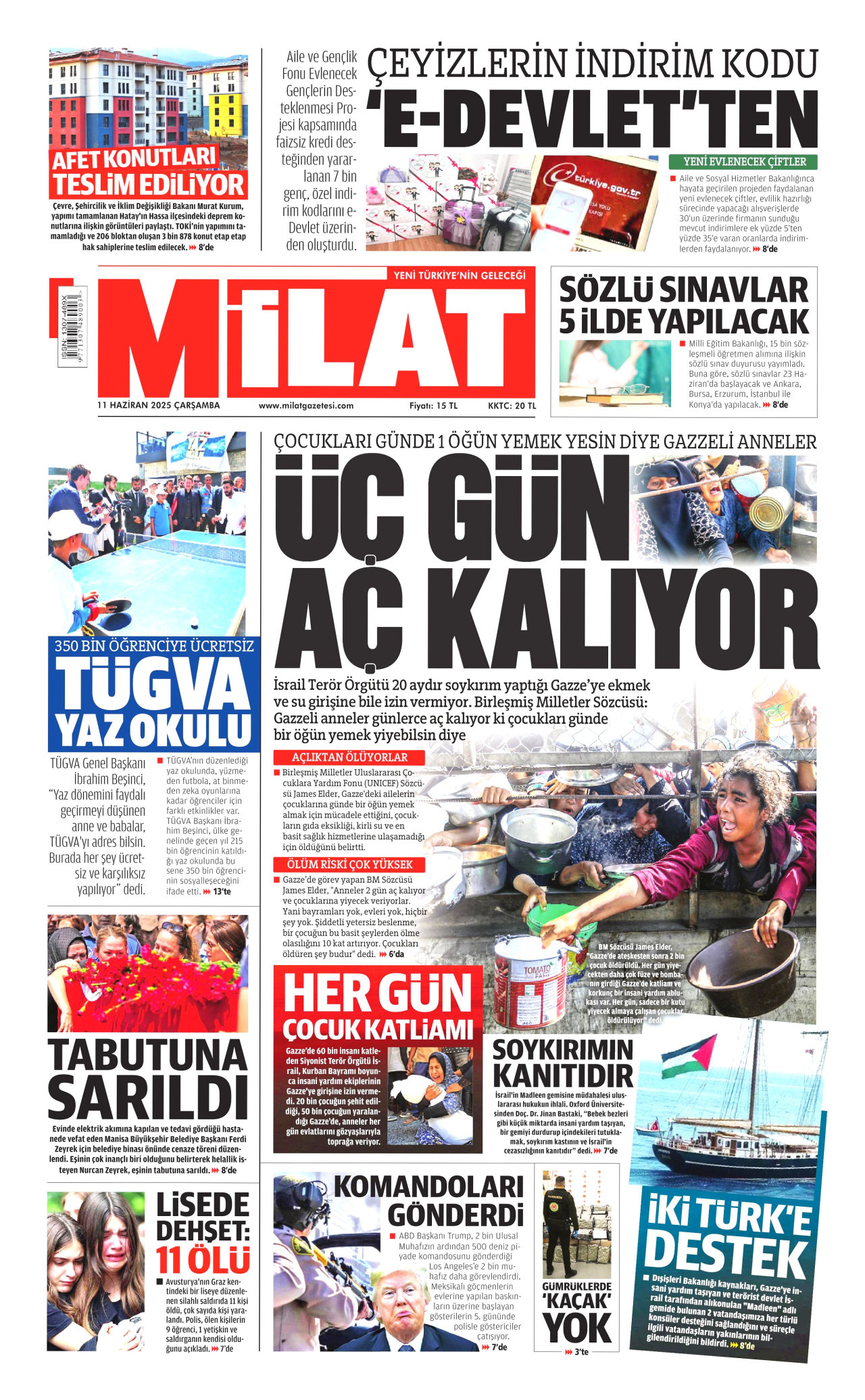 MİLAT gazetesinin 11 Haziran 2025 tarihli birinci sayfası