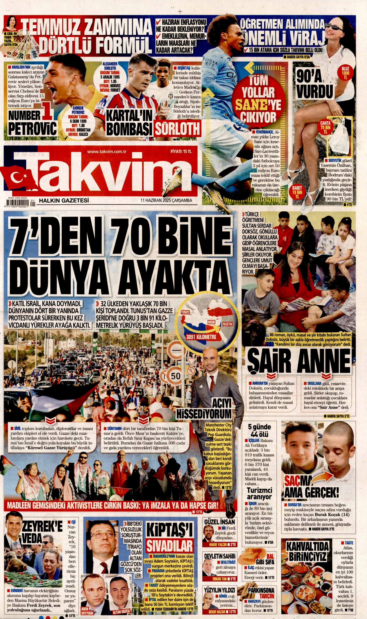 TAKVİM gazetesinin 11 Haziran 2025 tarihli birinci sayfası