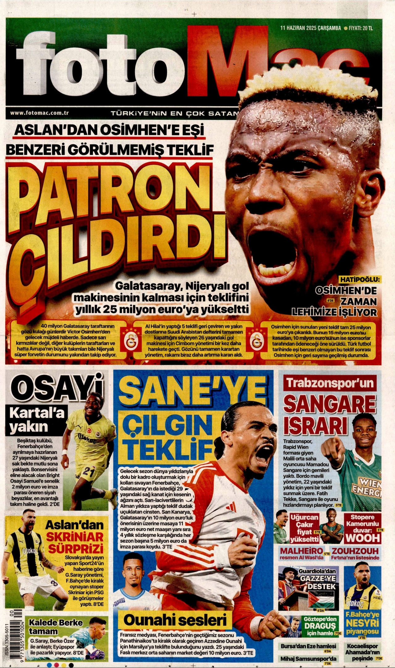 FOTOMAÇ gazetesinin 11 Haziran 2025 tarihli birinci sayfası
