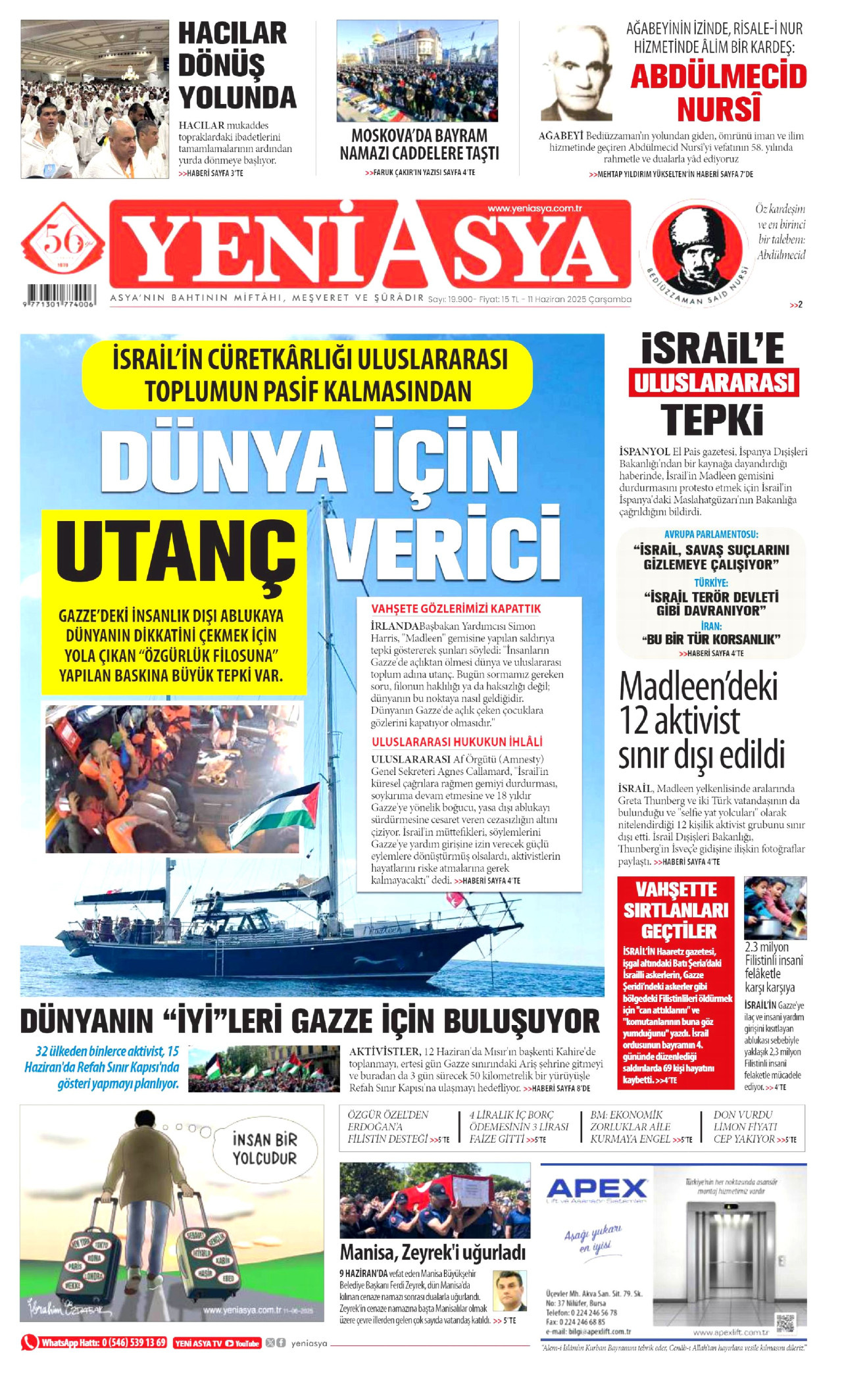 YENİ ASYA gazetesinin 11 Haziran 2025 tarihli birinci sayfası
