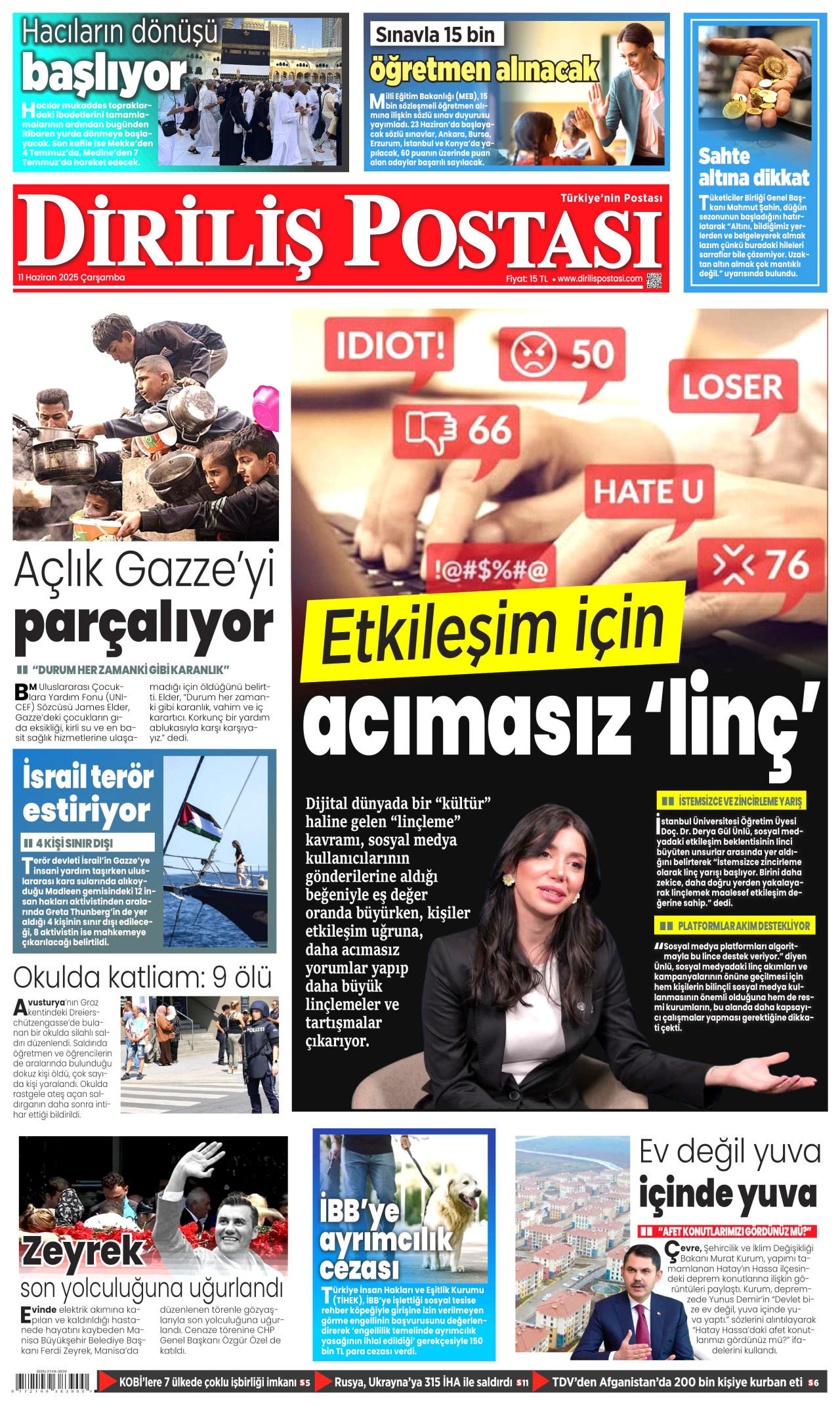 DİRİLİŞ POSTASI gazetesinin 11 Haziran 2025 tarihli birinci sayfası