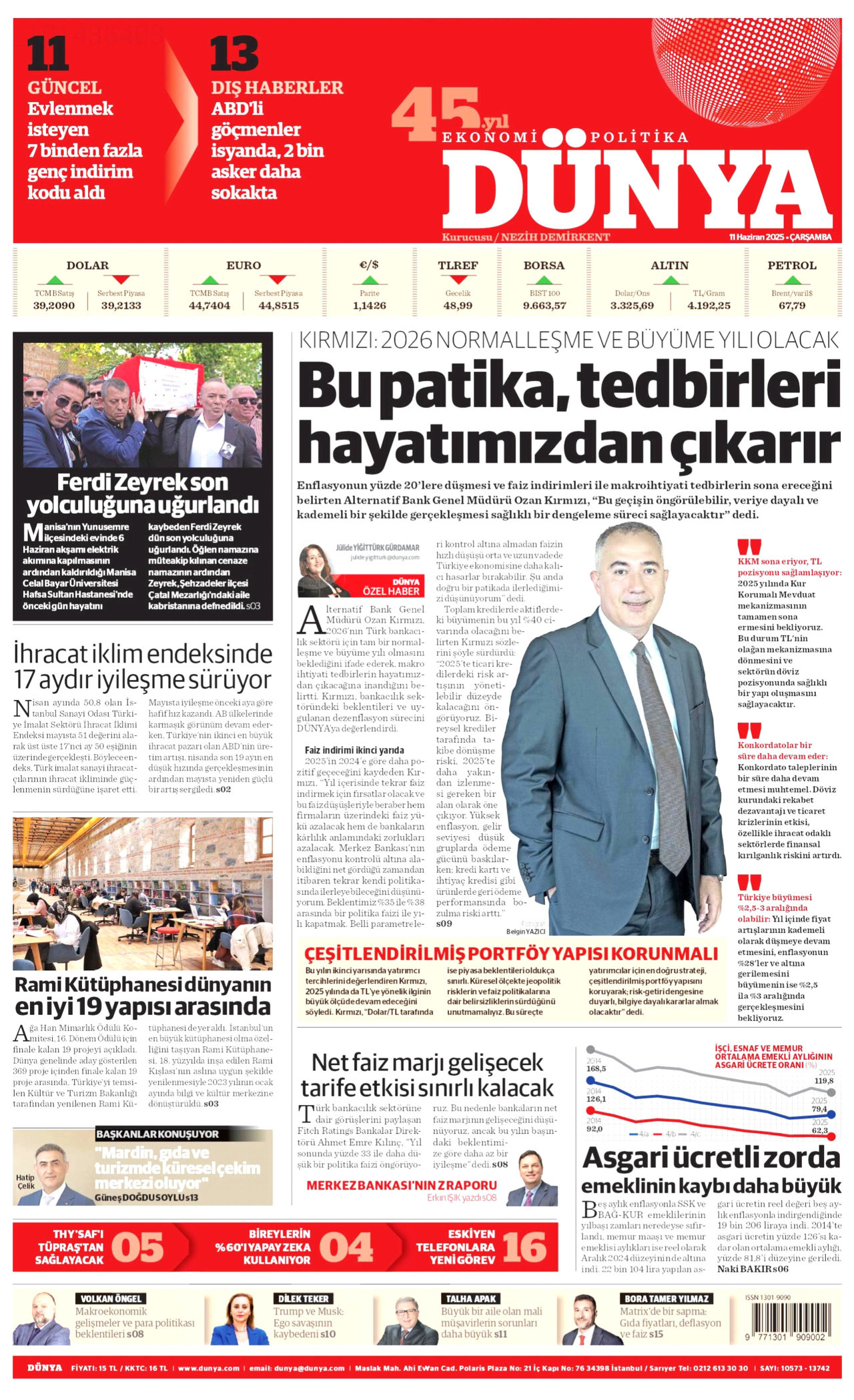DÜNYA gazetesinin 11 Haziran 2025 tarihli birinci sayfası