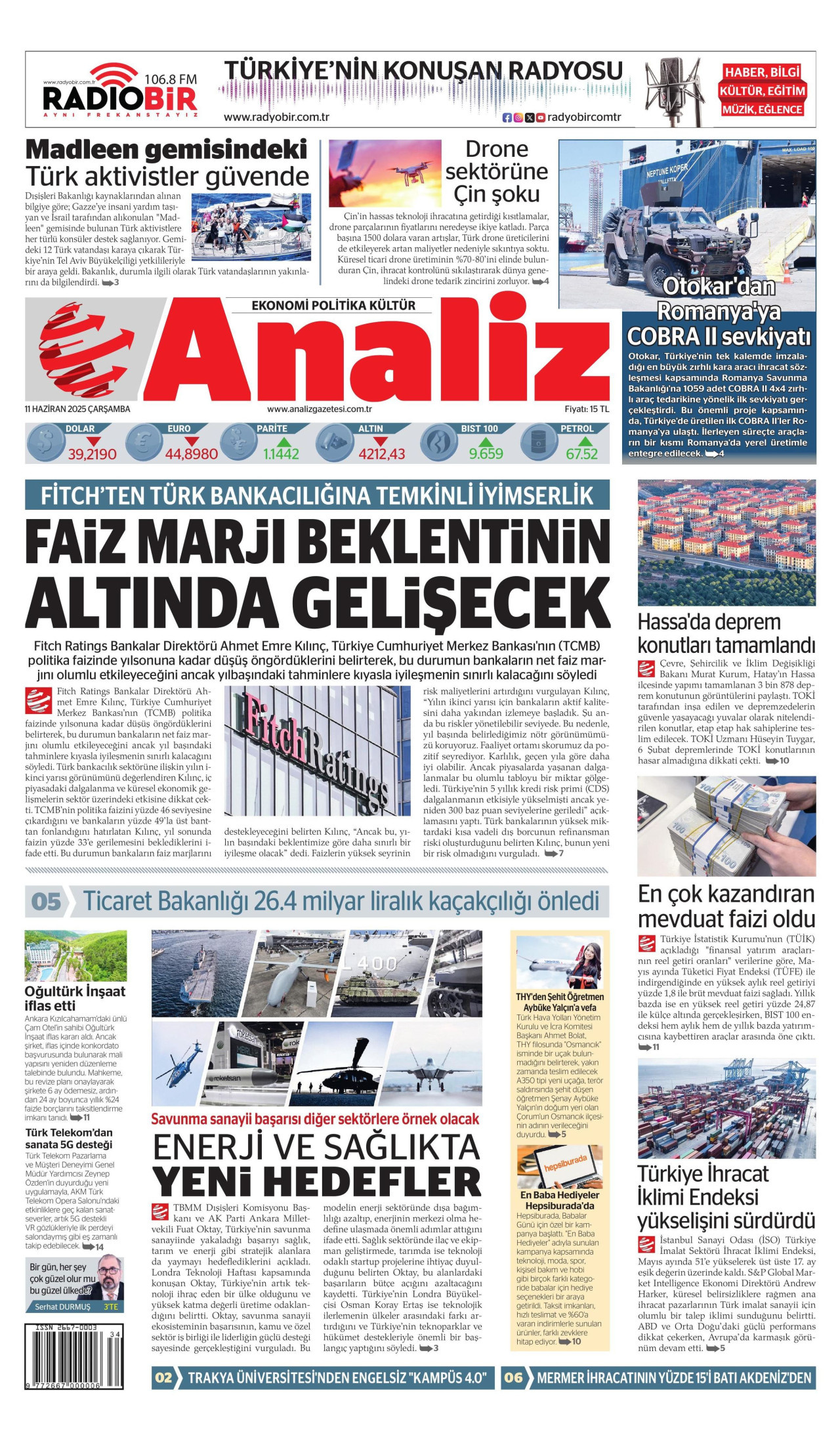 ANALİZ gazetesinin 11 Haziran 2025 tarihli birinci sayfası