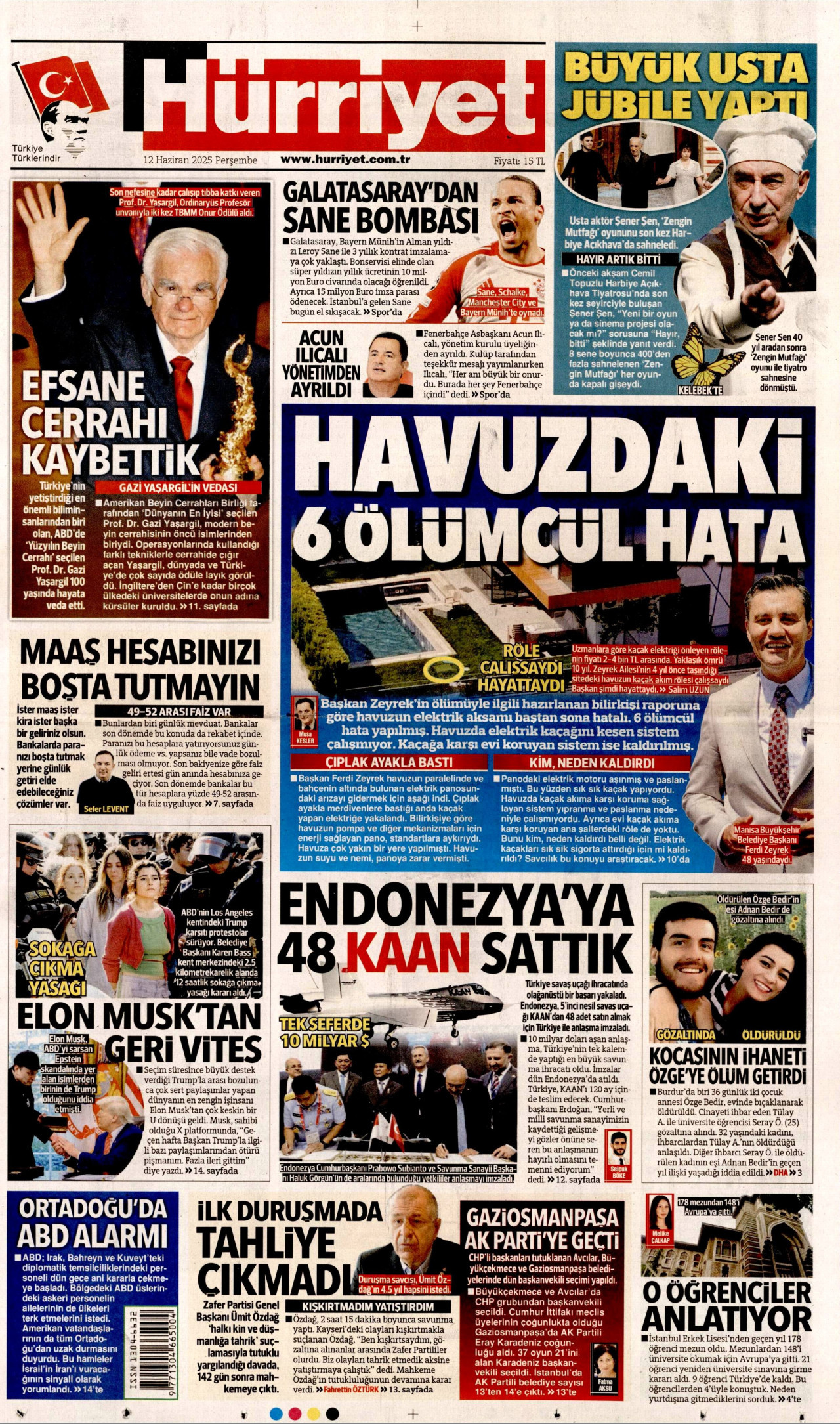 HÜRRİYET gazetesinin 12 Haziran 2025 tarihli birinci sayfası