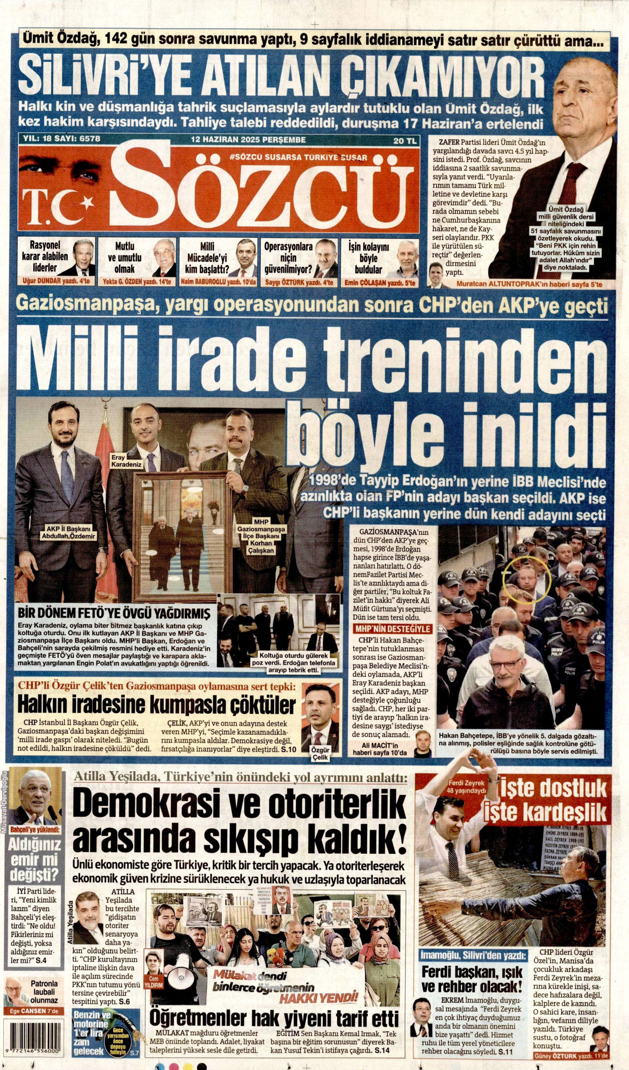 SÖZCÜ gazetesinin 12 Haziran 2025 tarihli birinci sayfası