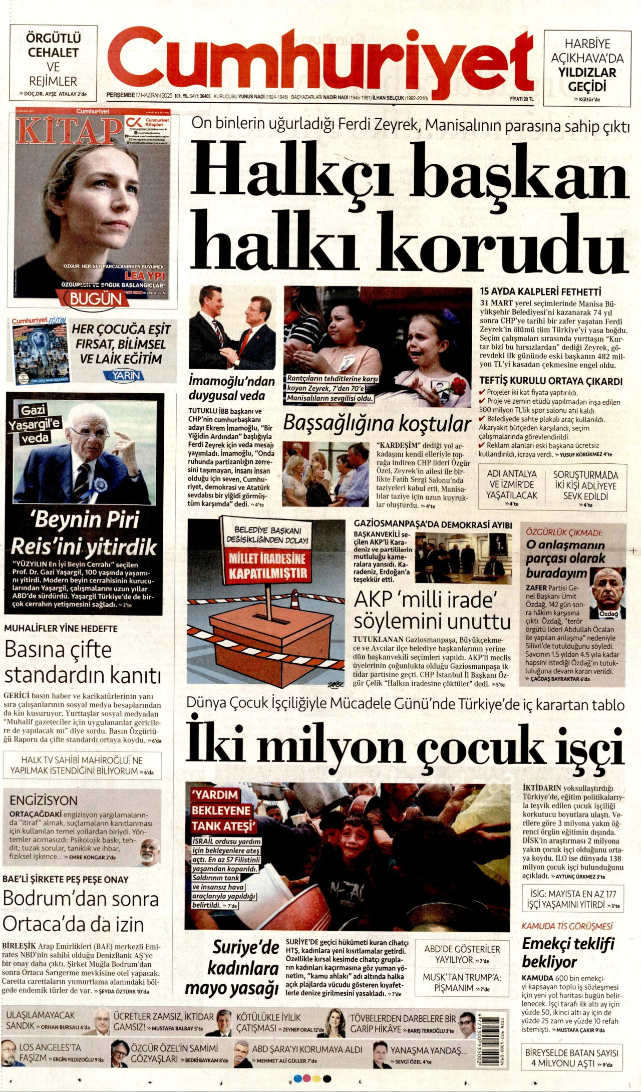 CUMHURİYET gazetesinin 12 Haziran 2025 tarihli birinci sayfası