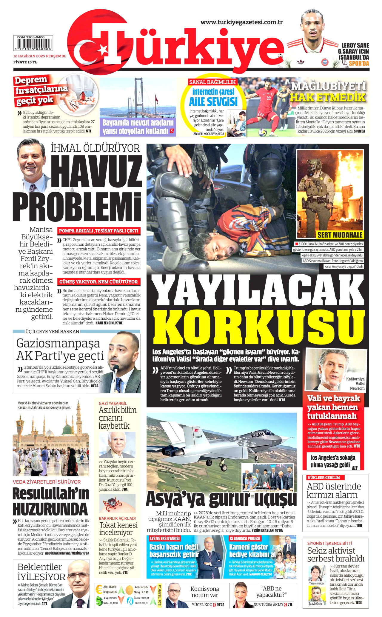 TÜRKİYE GAZETESİ gazetesinin 12 Haziran 2025 tarihli birinci sayfası