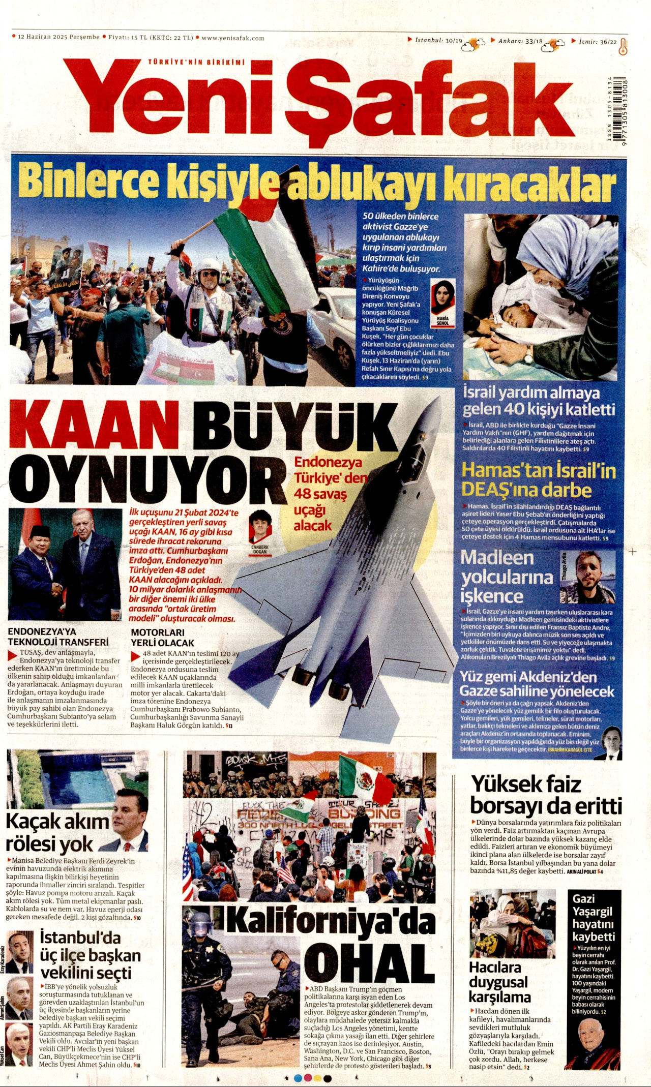 YENİ ŞAFAK gazetesinin 12 Haziran 2025 tarihli birinci sayfası