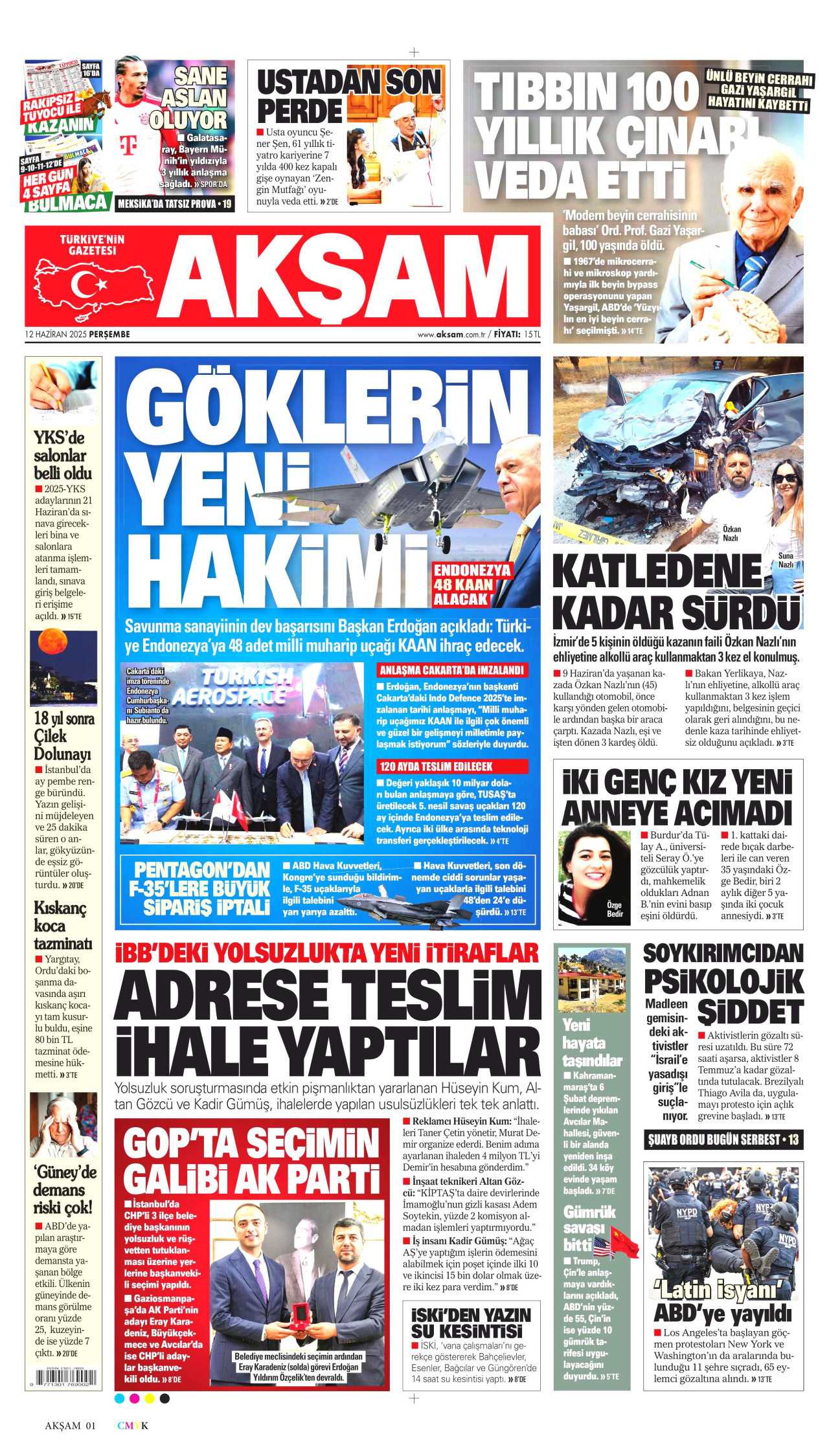 AKŞAM gazetesinin 12 Haziran 2025 tarihli birinci sayfası