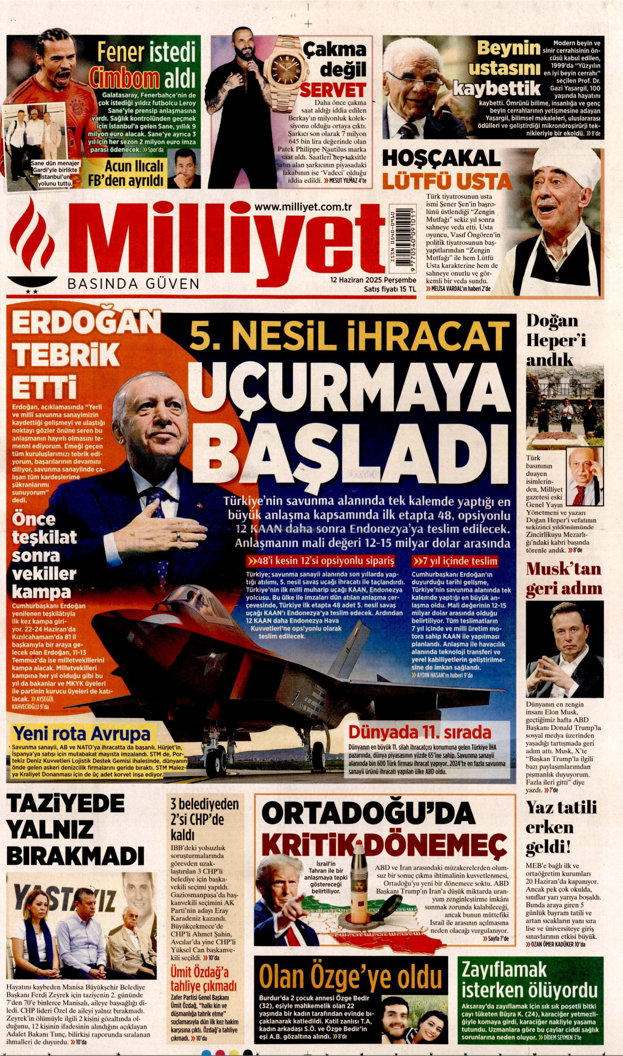 MİLLİYET gazetesinin 12 Haziran 2025 tarihli birinci sayfası