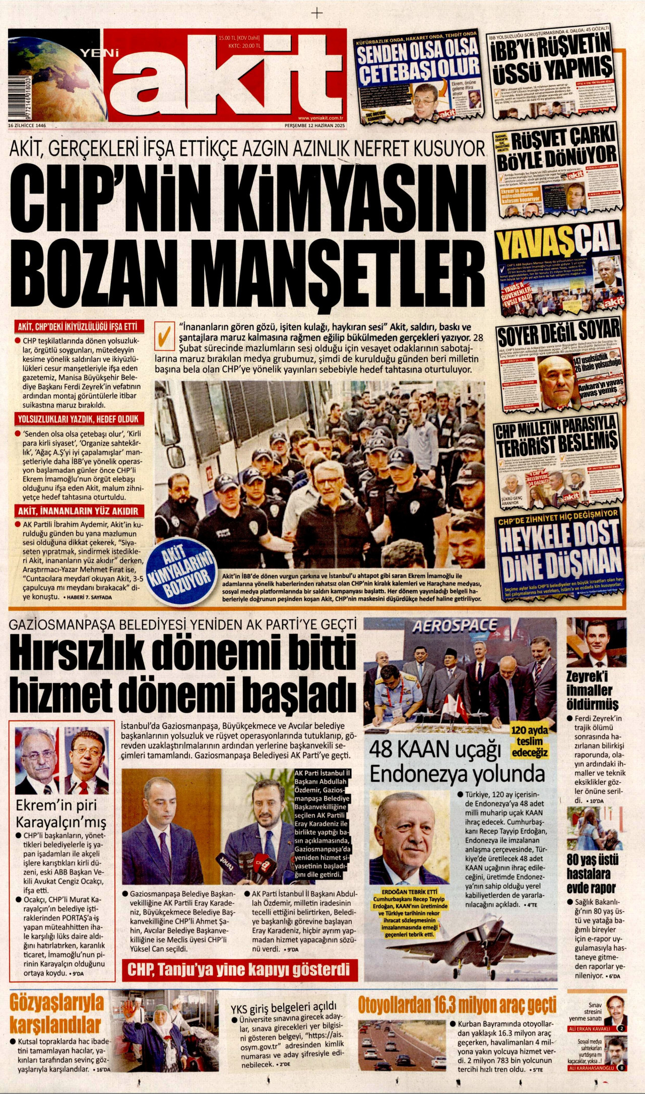YENİ AKİT gazetesinin 12 Haziran 2025 tarihli birinci sayfası