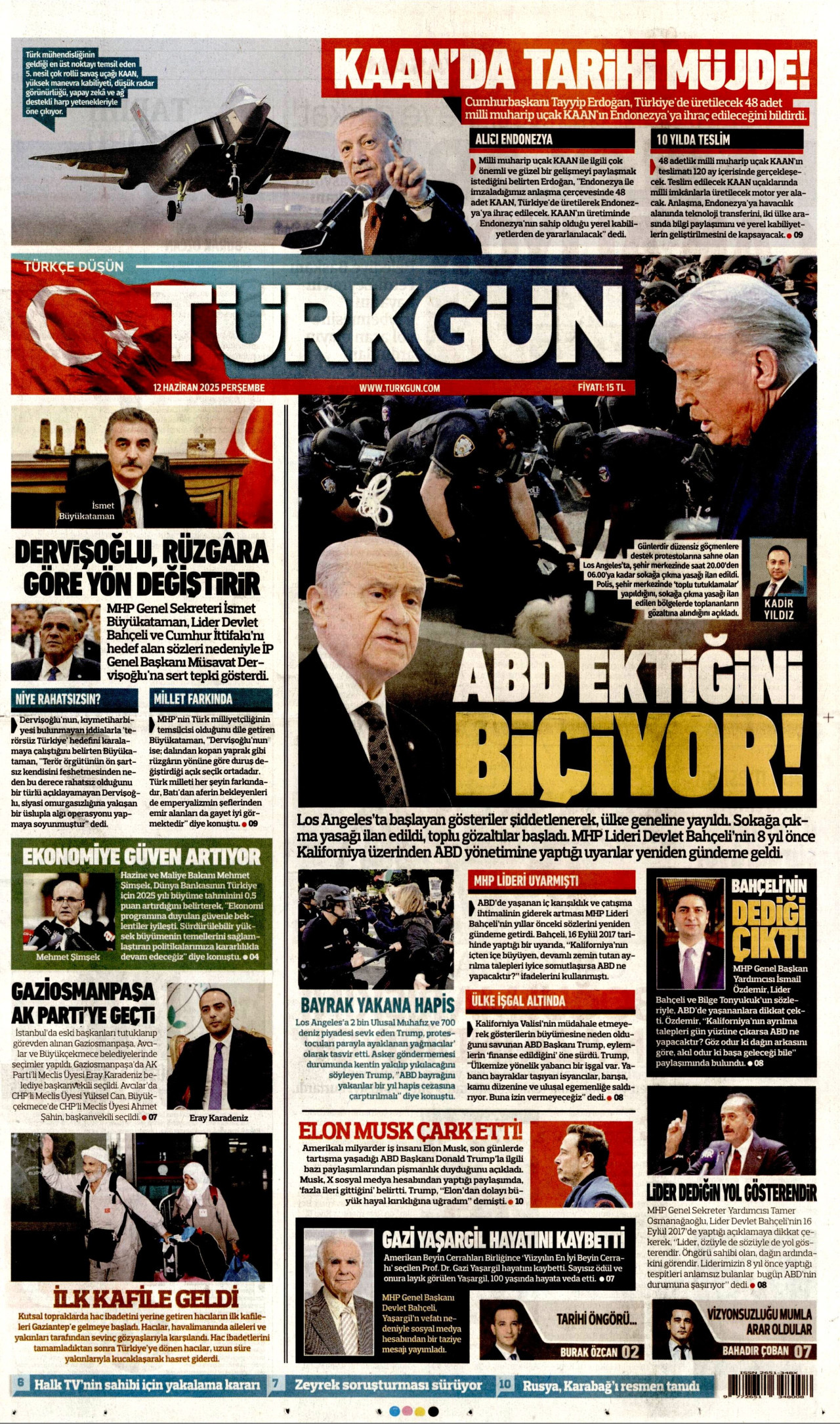 TÜRKGÜN gazetesinin 12 Haziran 2025 tarihli birinci sayfası