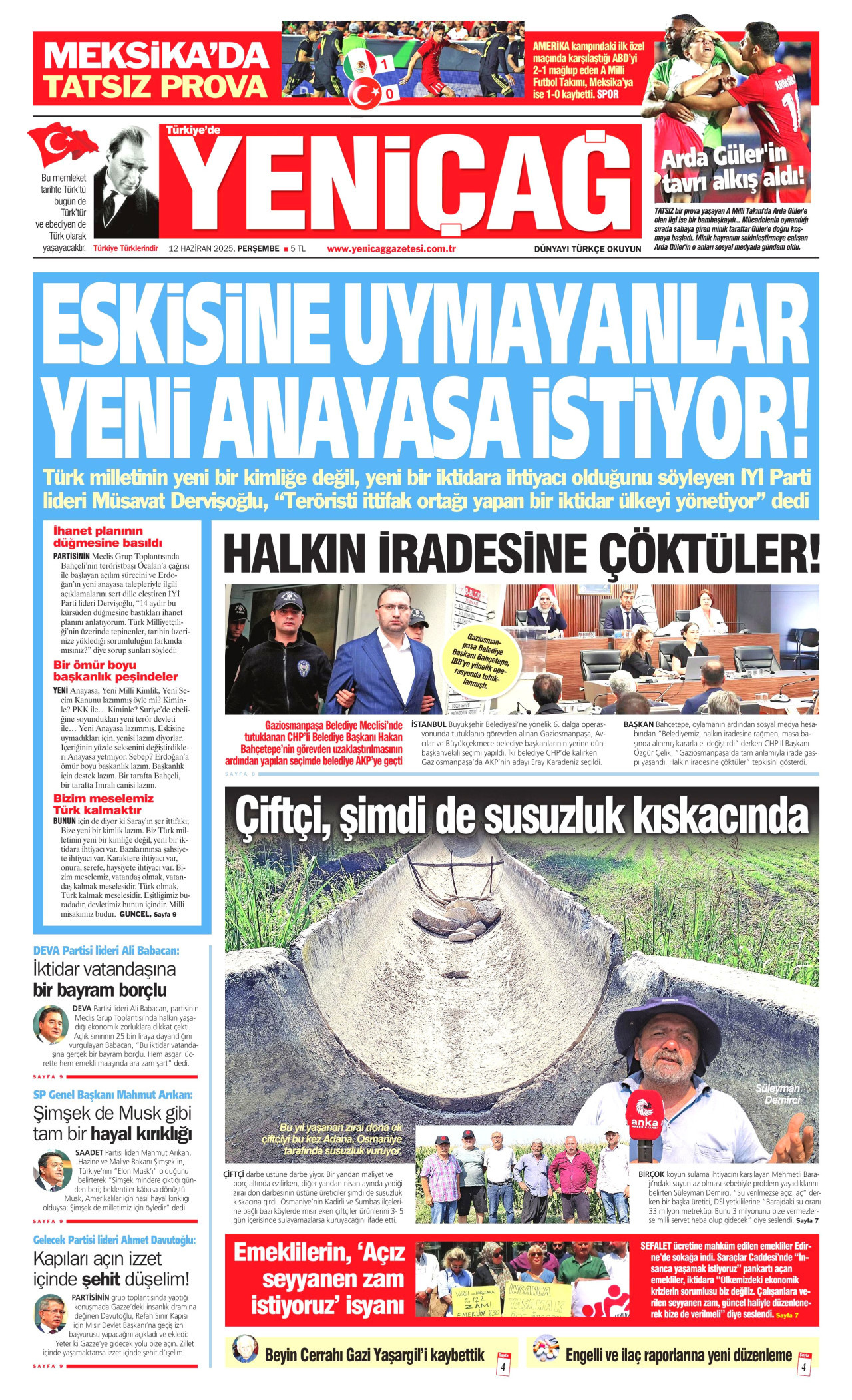 YENİÇAĞ gazetesinin 12 Haziran 2025 tarihli birinci sayfası