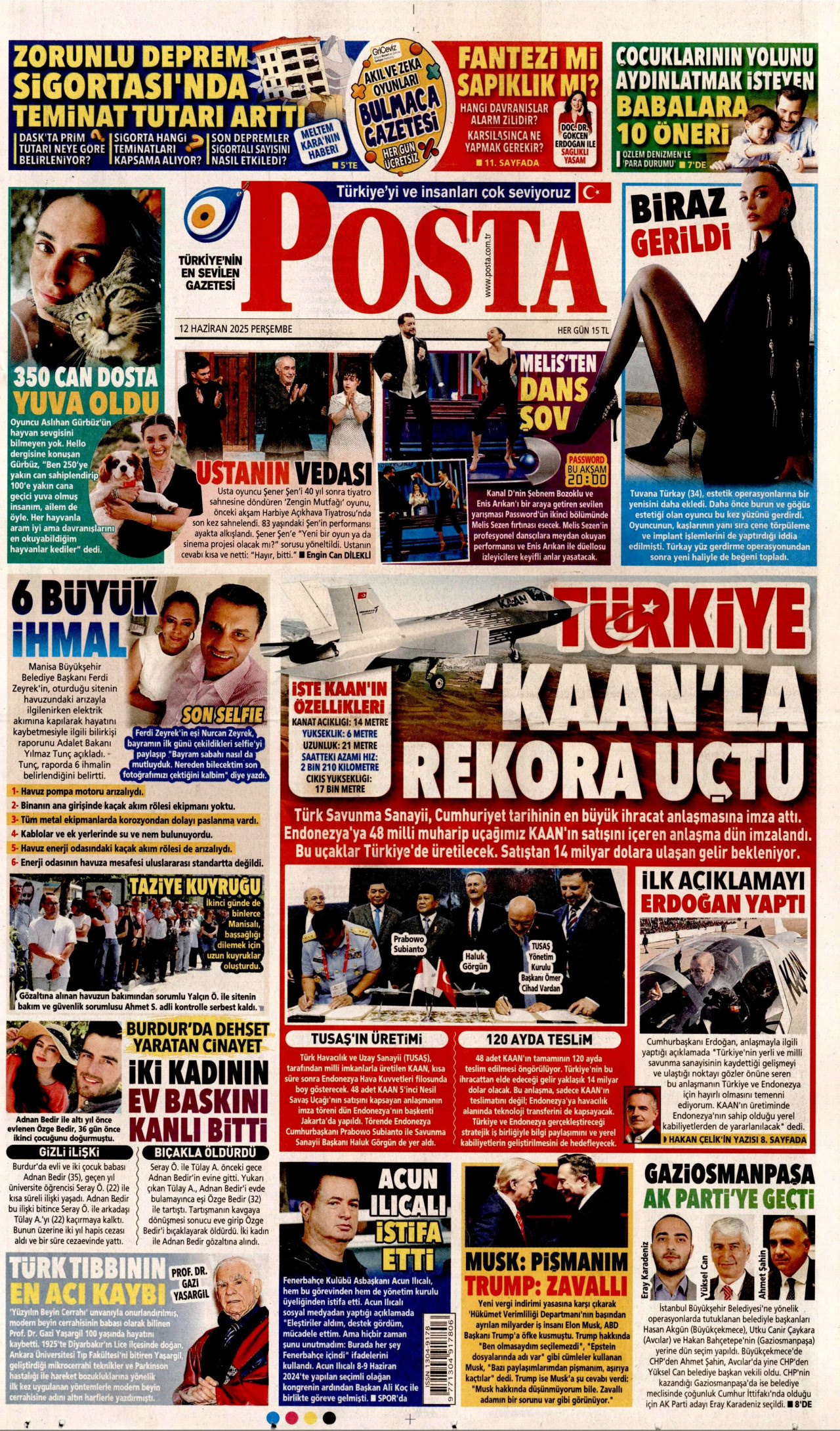POSTA gazetesinin 12 Haziran 2025 tarihli birinci sayfası