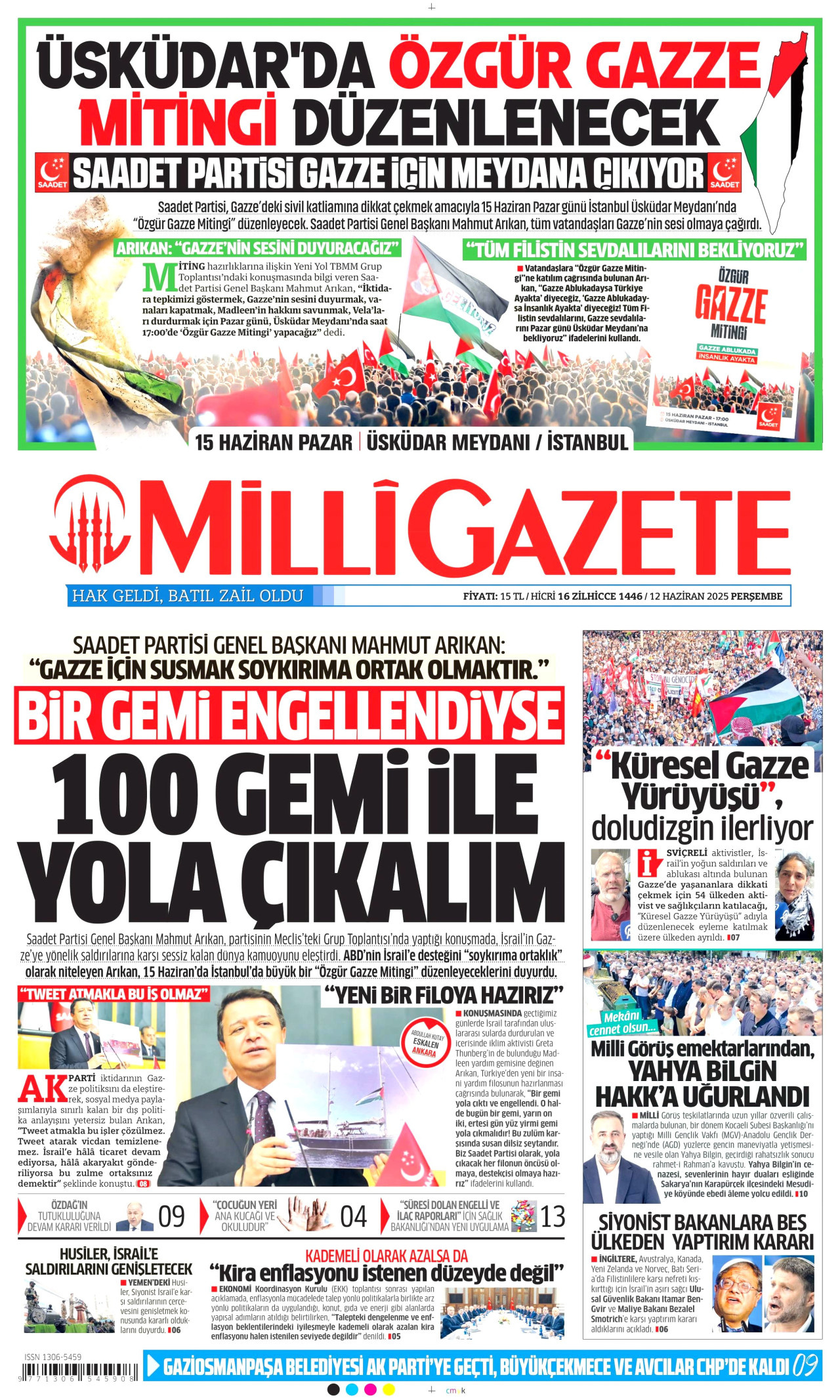 MİLLİ GAZETE gazetesinin 12 Haziran 2025 tarihli birinci sayfası
