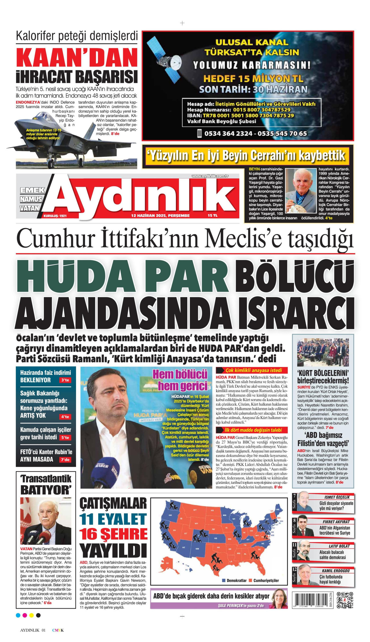 AYDINLIK GAZETESİ gazetesinin 12 Haziran 2025 tarihli birinci sayfası