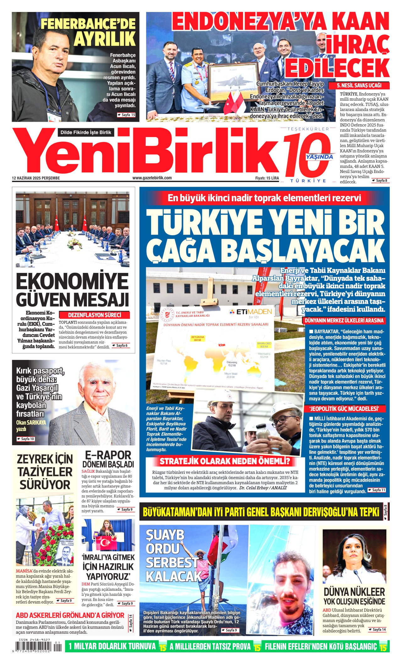 YENİBİRLİK gazetesinin 12 Haziran 2025 tarihli birinci sayfası