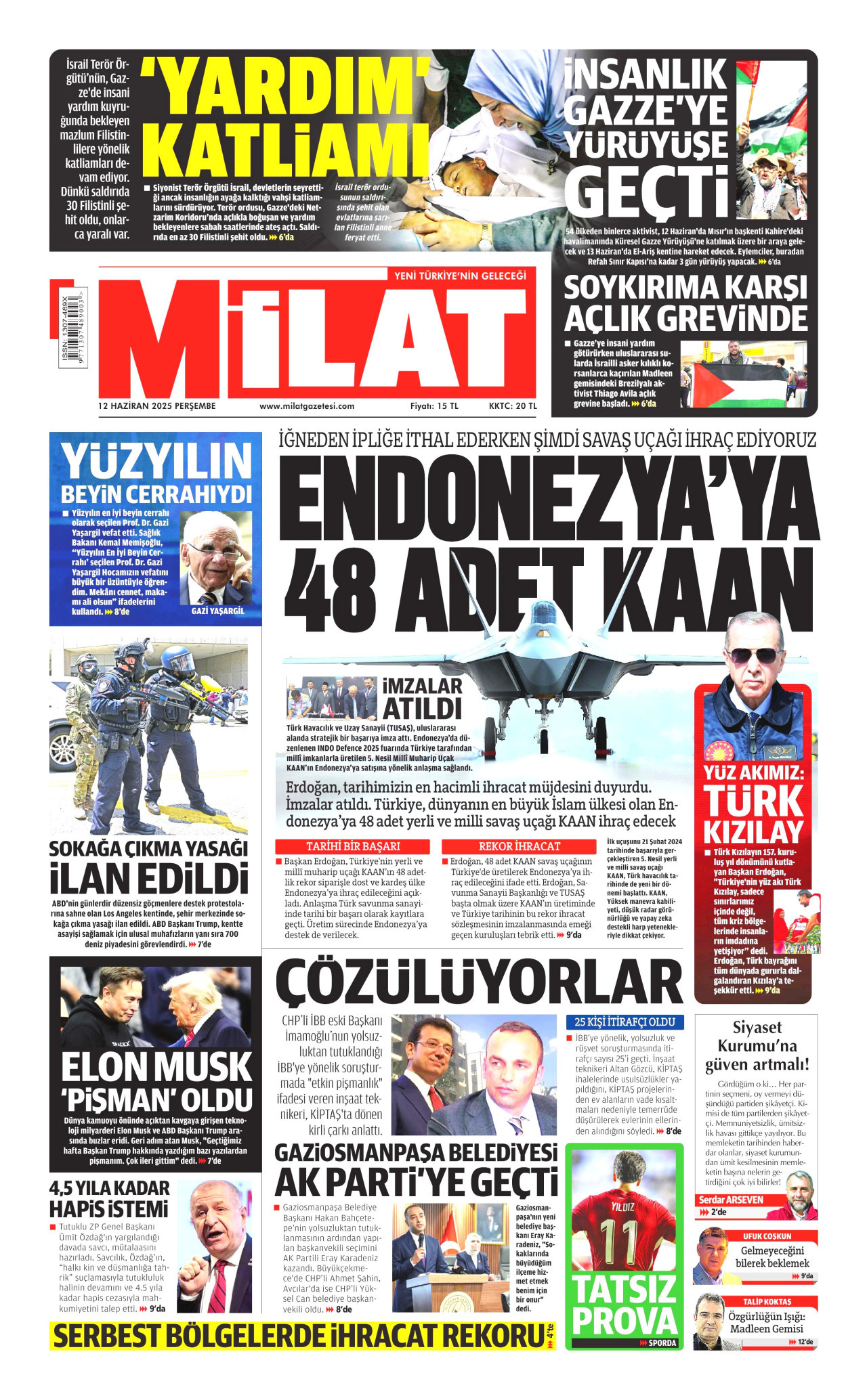 MİLAT gazetesinin 12 Haziran 2025 tarihli birinci sayfası