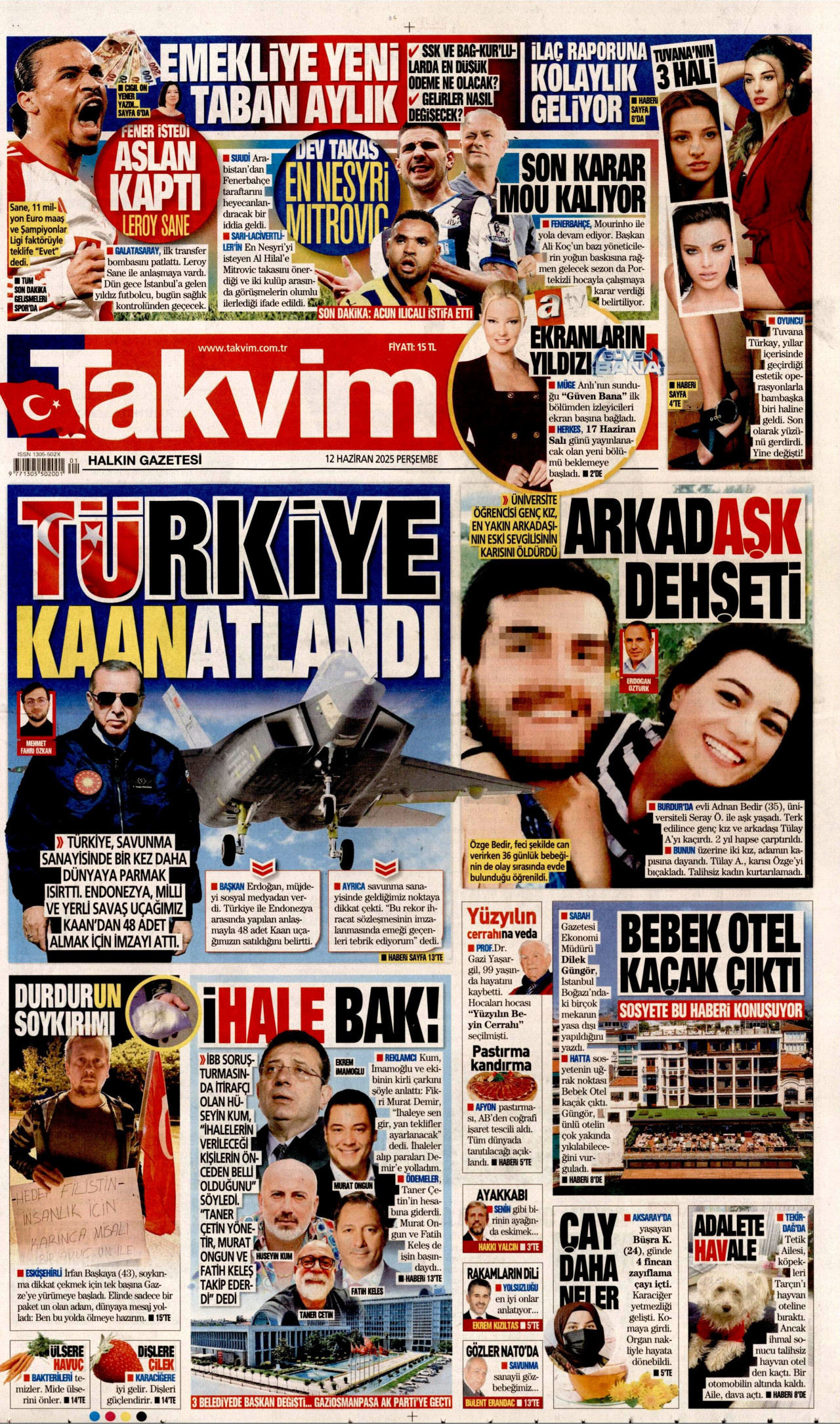 TAKVİM gazetesinin 12 Haziran 2025 tarihli birinci sayfası
