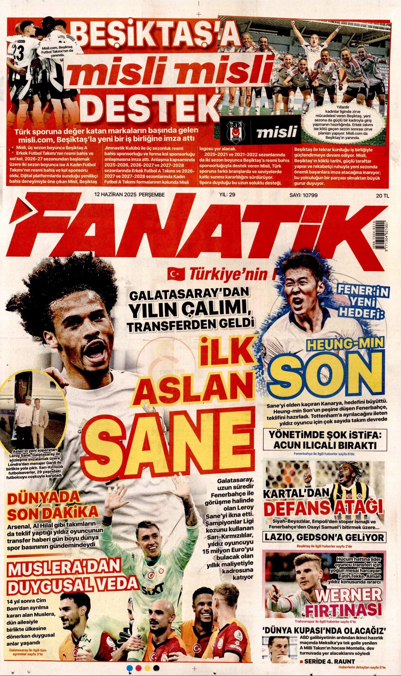 FANATİK gazetesinin 12 Haziran 2025 tarihli birinci sayfası