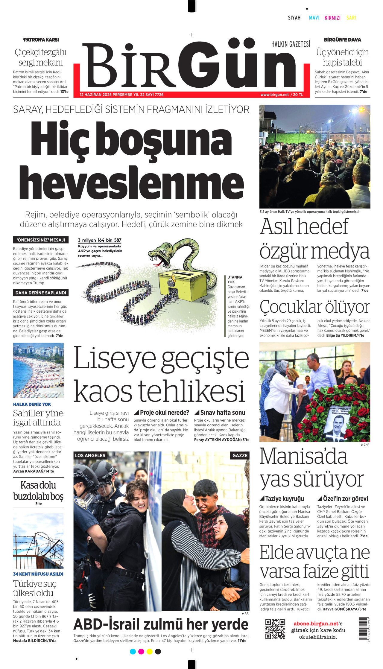 BİRGÜN gazetesinin 12 Haziran 2025 tarihli birinci sayfası