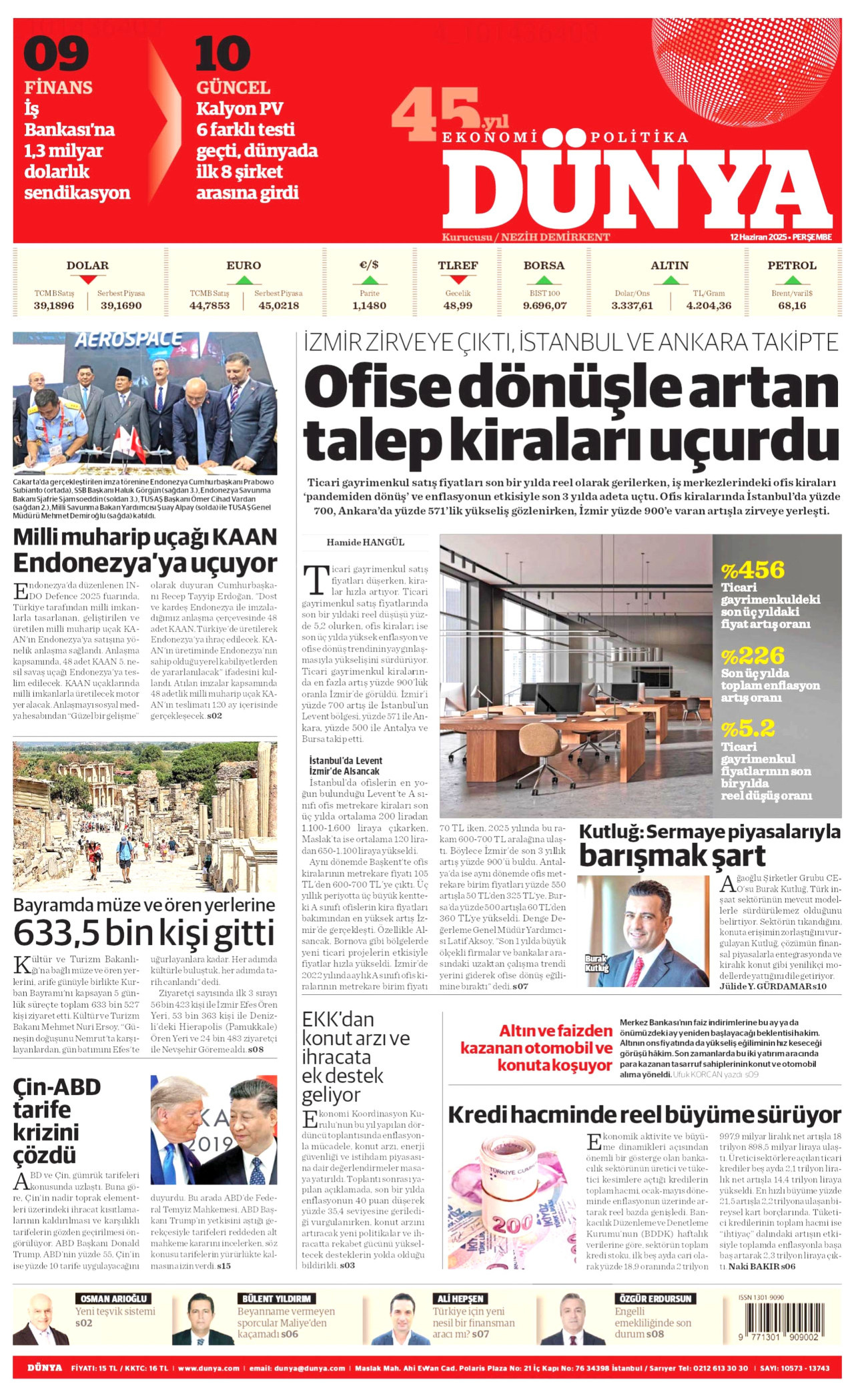 DÜNYA gazetesinin 12 Haziran 2025 tarihli birinci sayfası