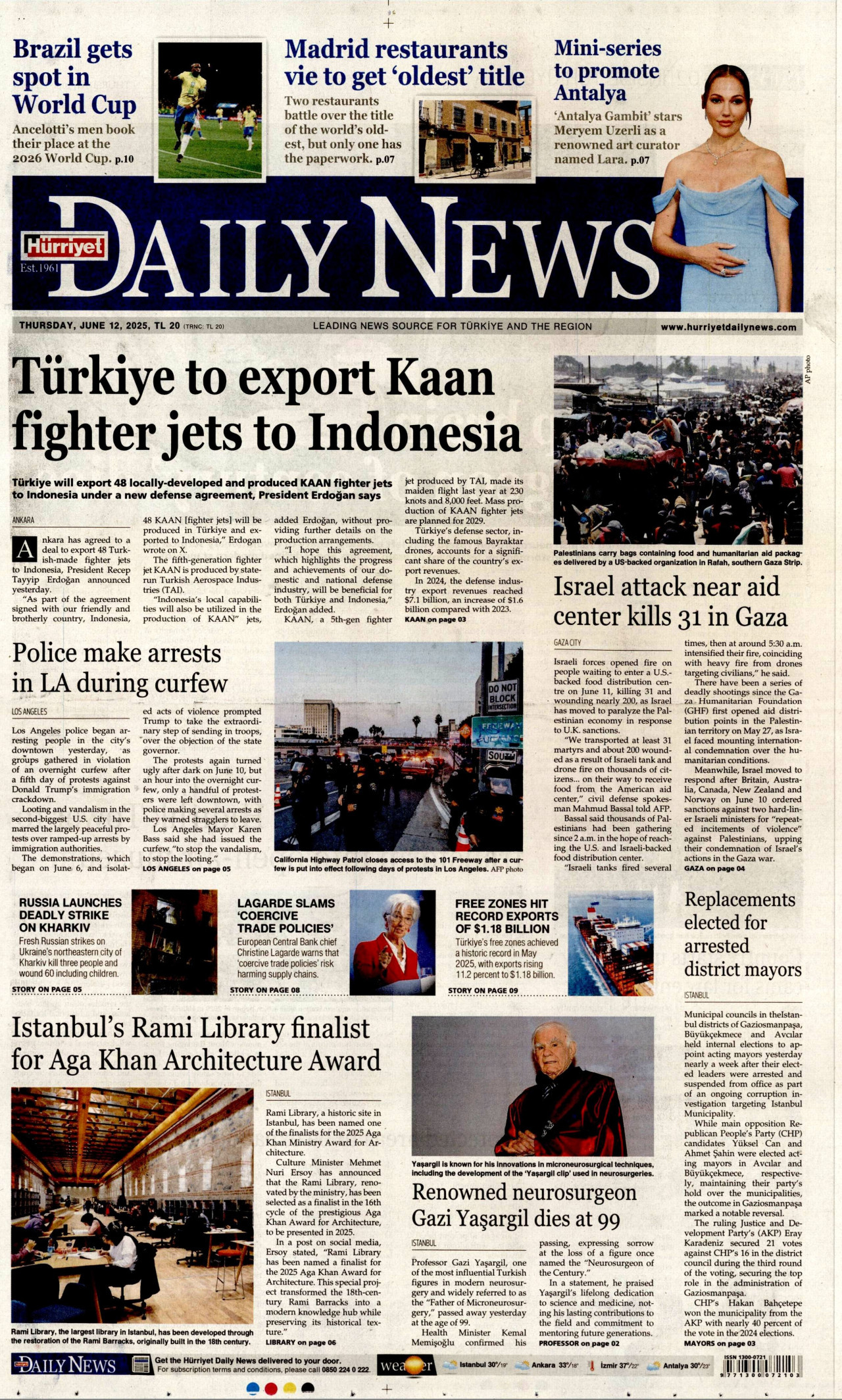 HÜRRİYET DAİLY NEWS gazetesinin 12 Haziran 2025 tarihli birinci sayfası