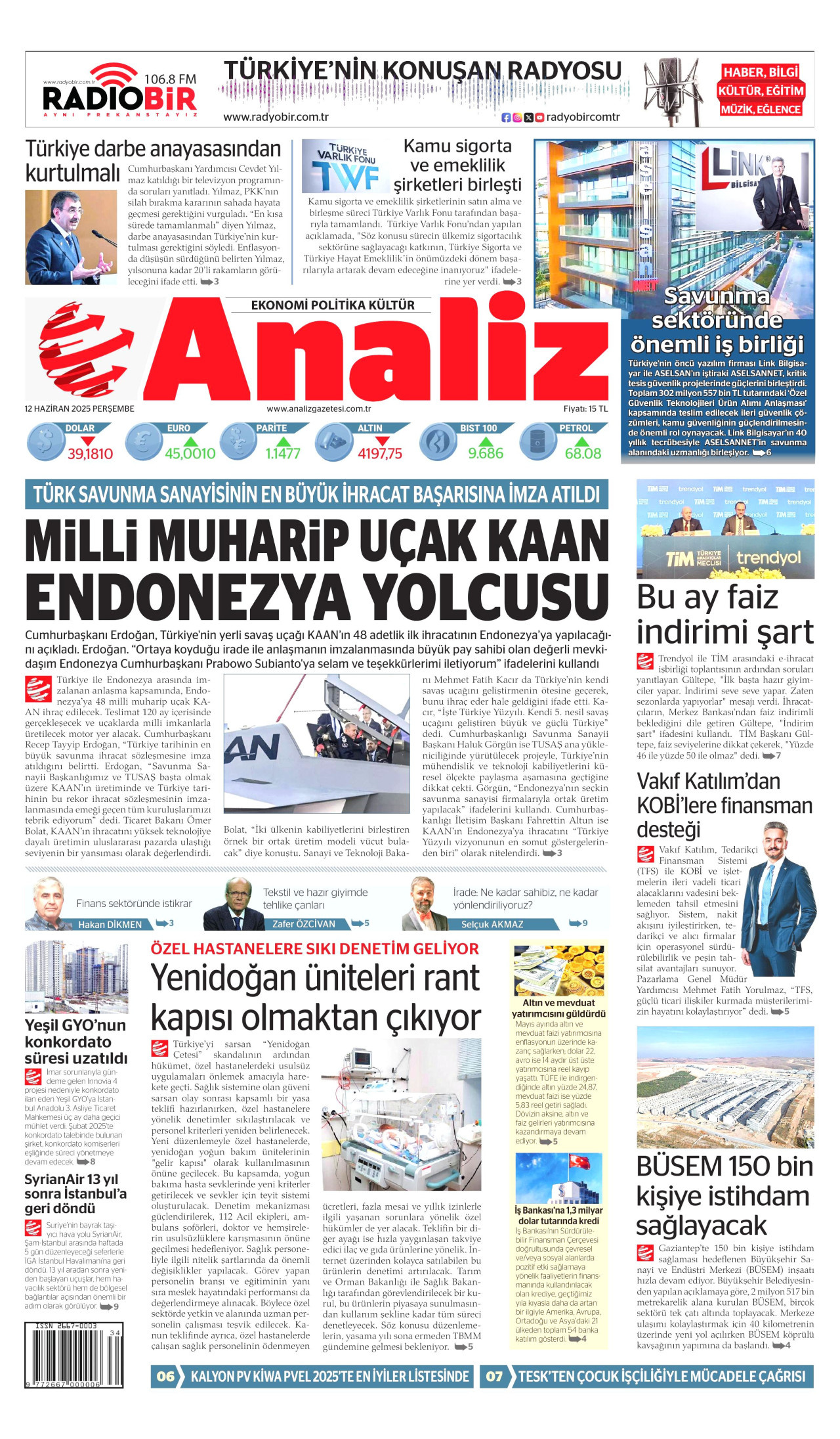 ANALİZ gazetesinin 12 Haziran 2025 tarihli birinci sayfası