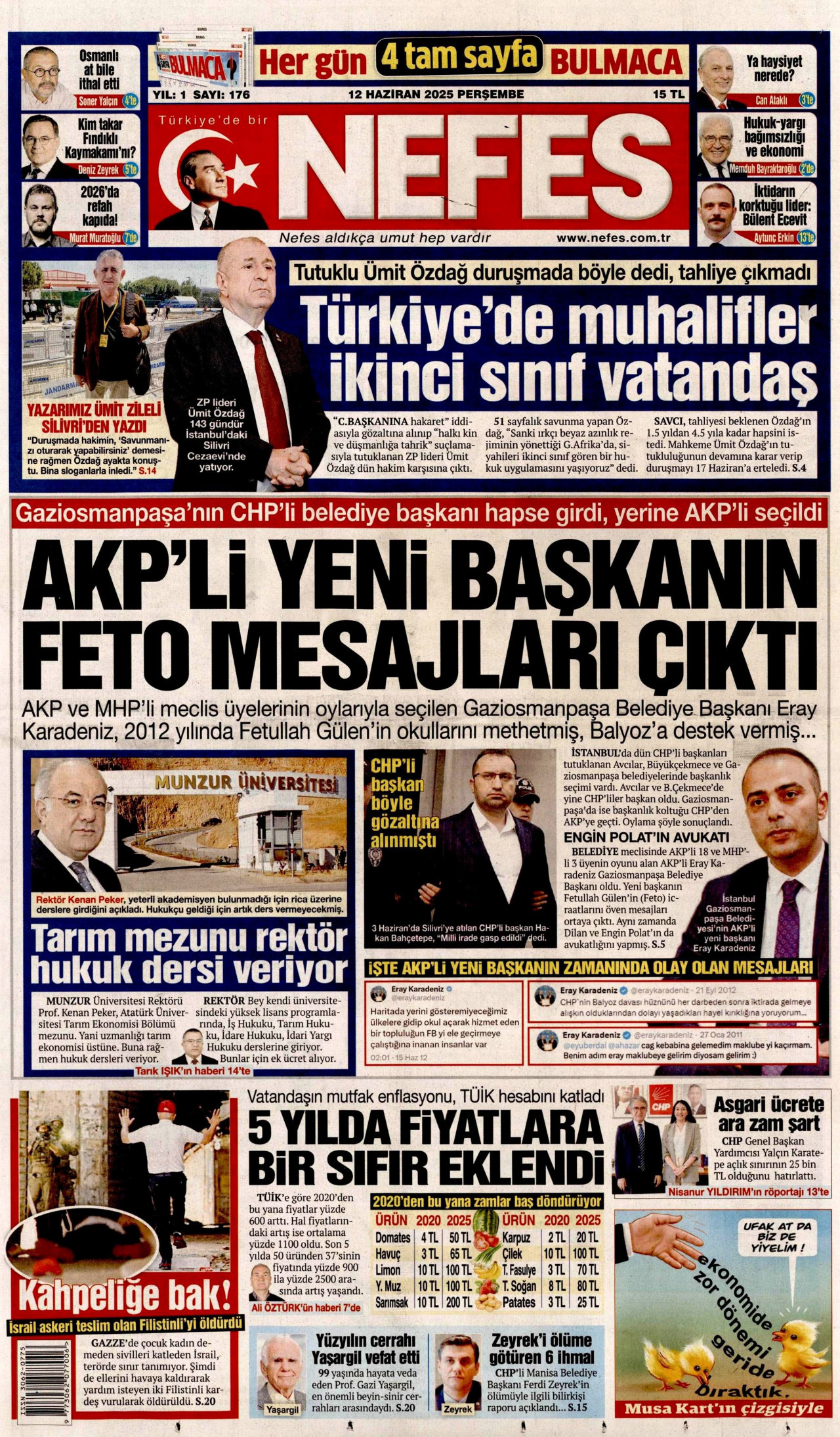 NEFES gazetesinin 12 Haziran 2025 tarihli birinci sayfası