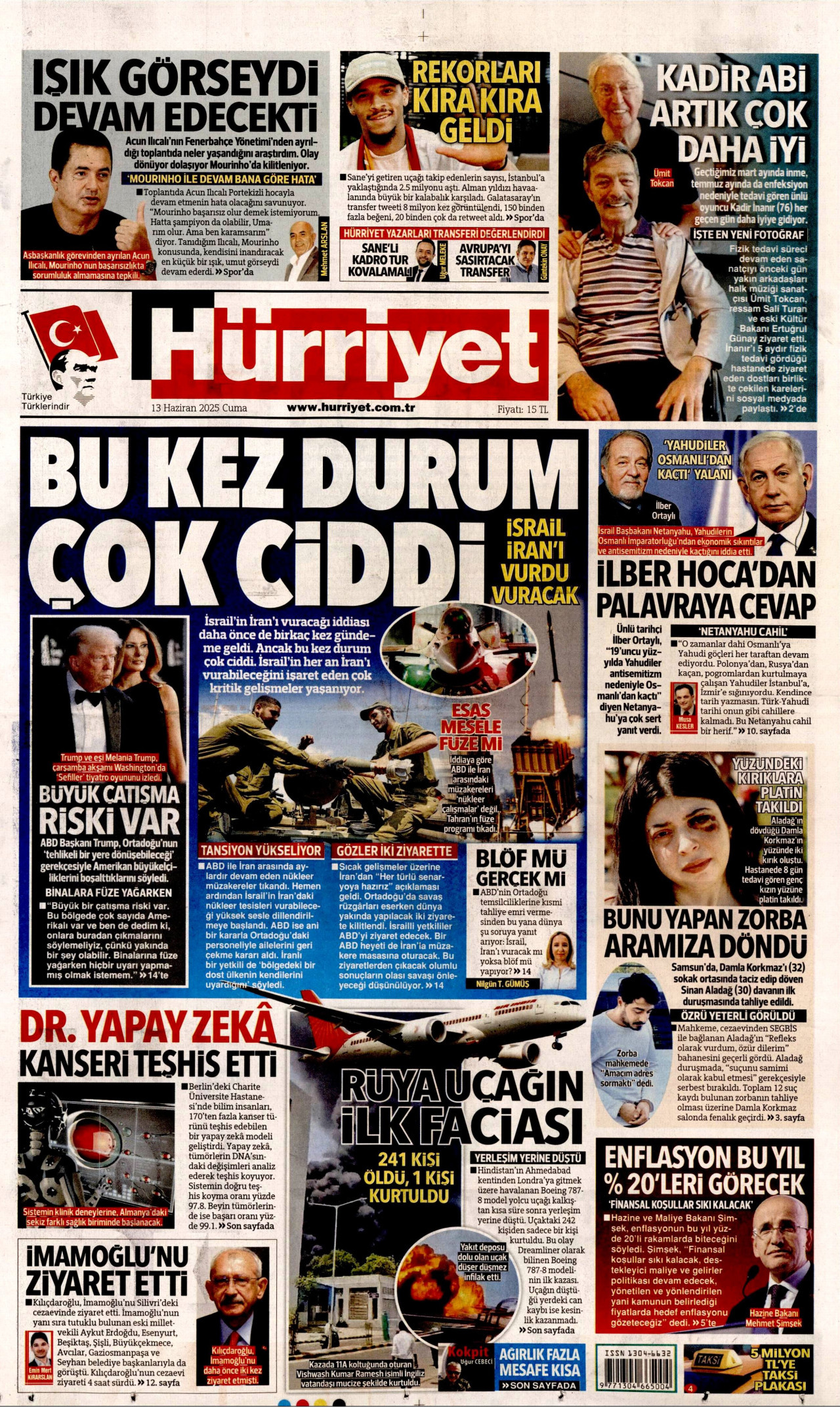 HÜRRİYET gazetesinin 13 Haziran 2025 tarihli birinci sayfası