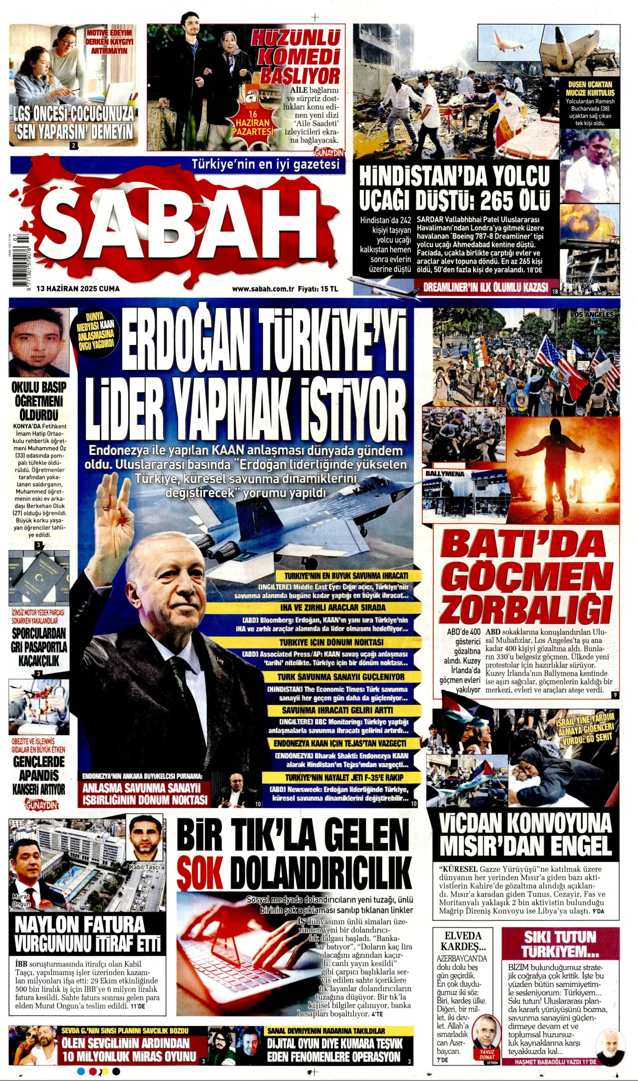 SABAH gazetesinin 13 Haziran 2025 tarihli birinci sayfası