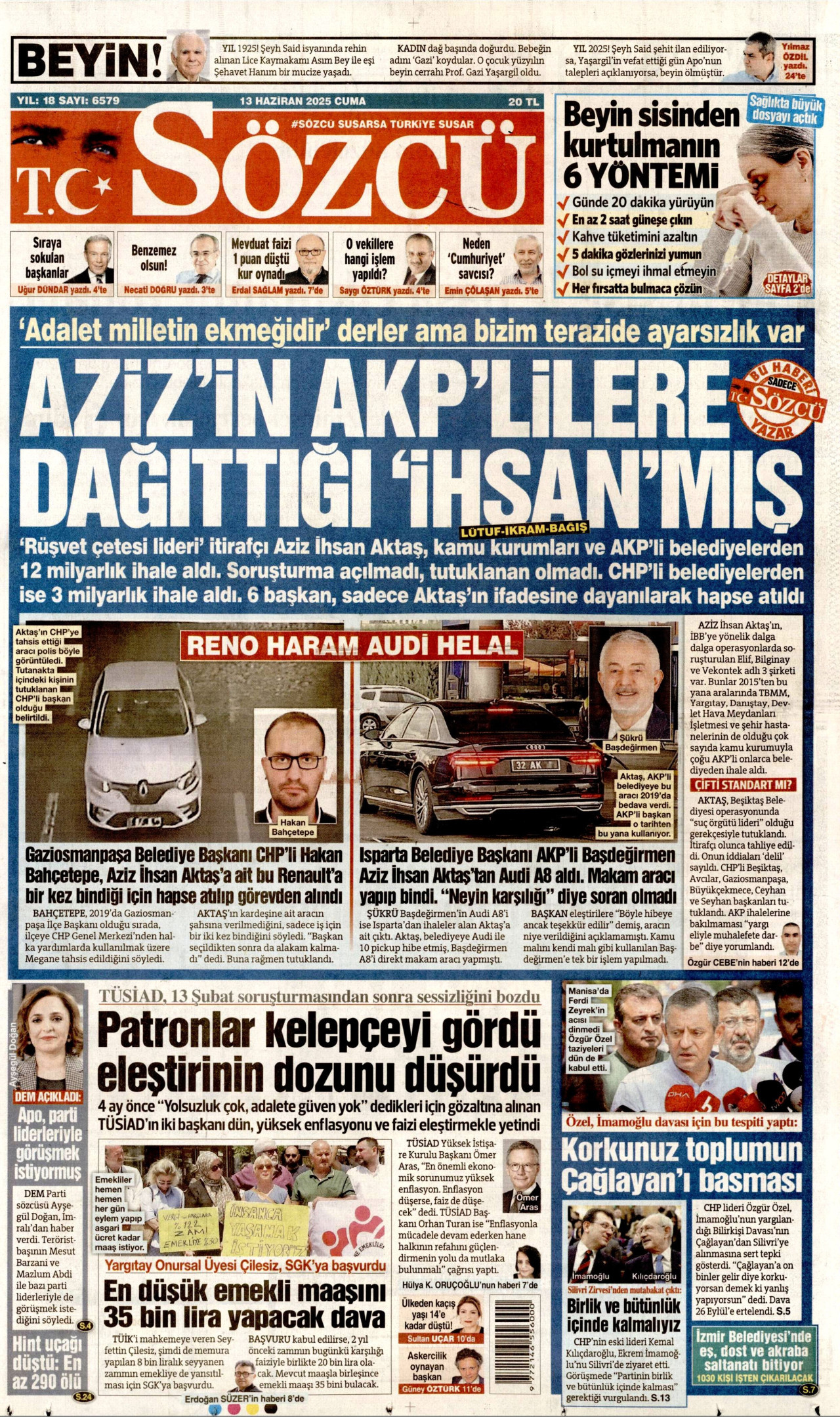 SÖZCÜ gazetesinin 13 Haziran 2025 tarihli birinci sayfası