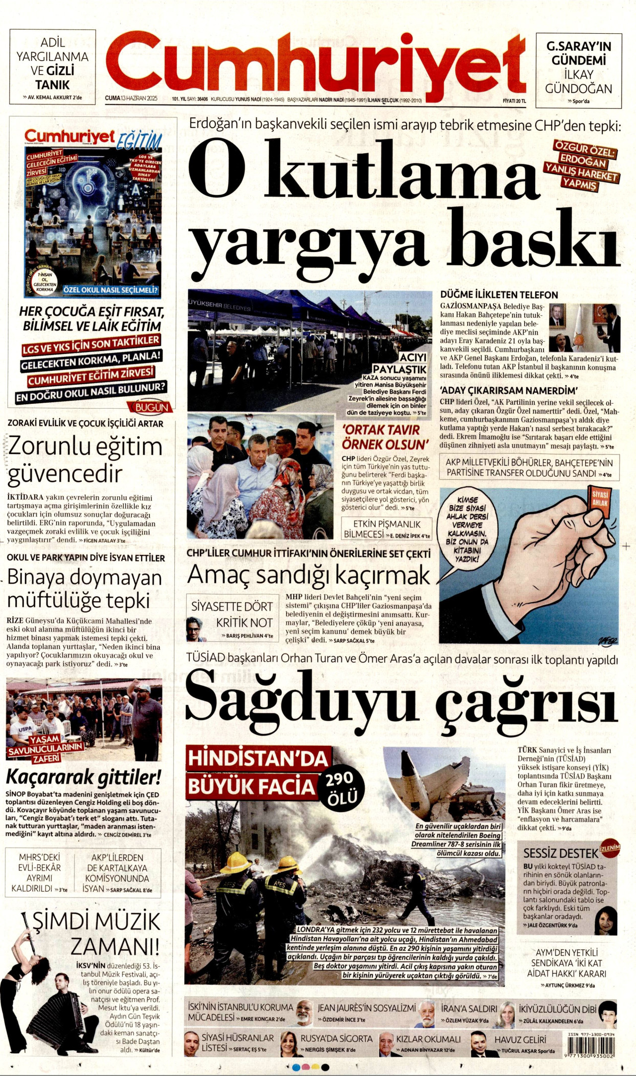 CUMHURİYET gazetesinin 13 Haziran 2025 tarihli birinci sayfası