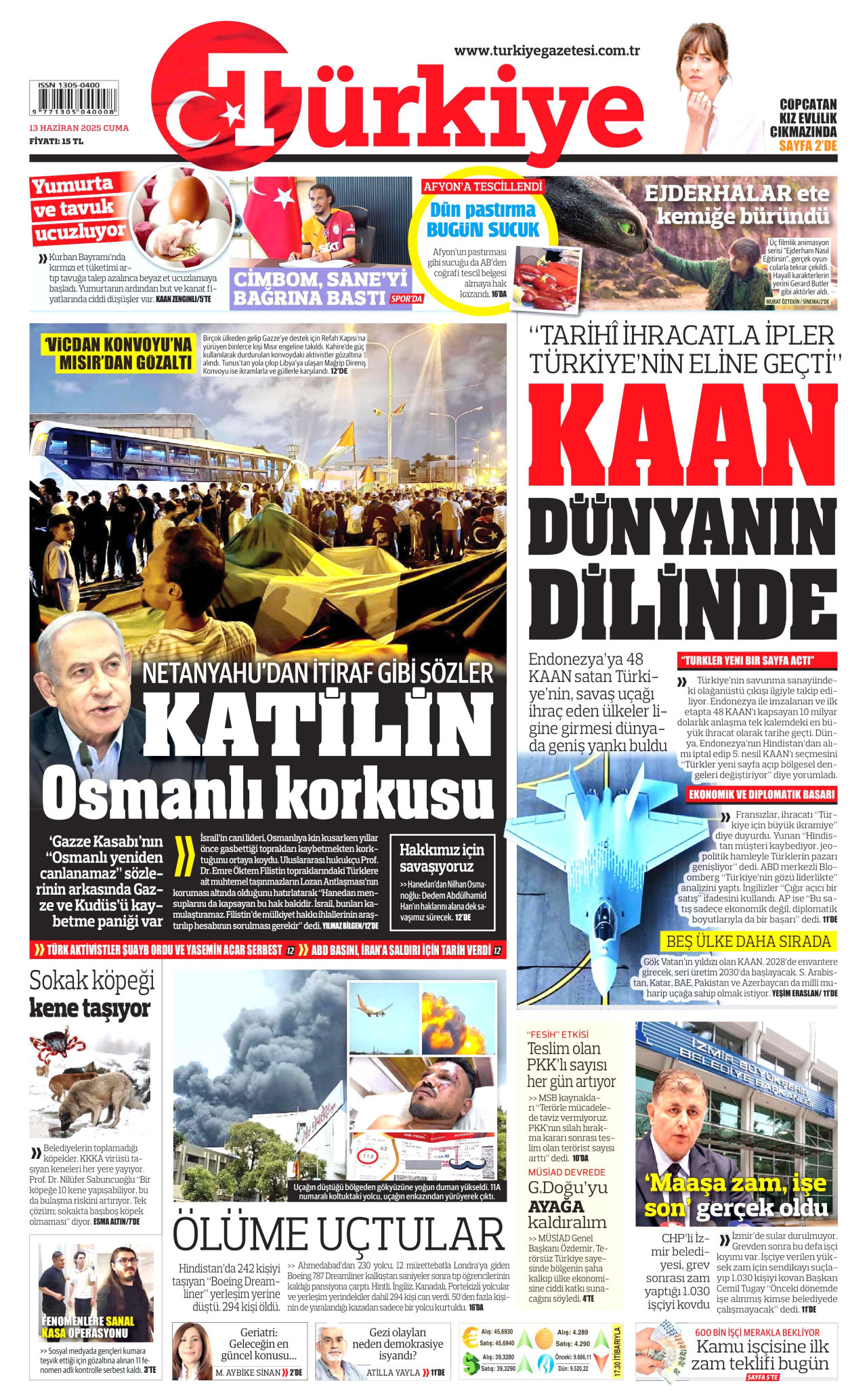 TÜRKİYE GAZETESİ gazetesinin 13 Haziran 2025 tarihli birinci sayfası