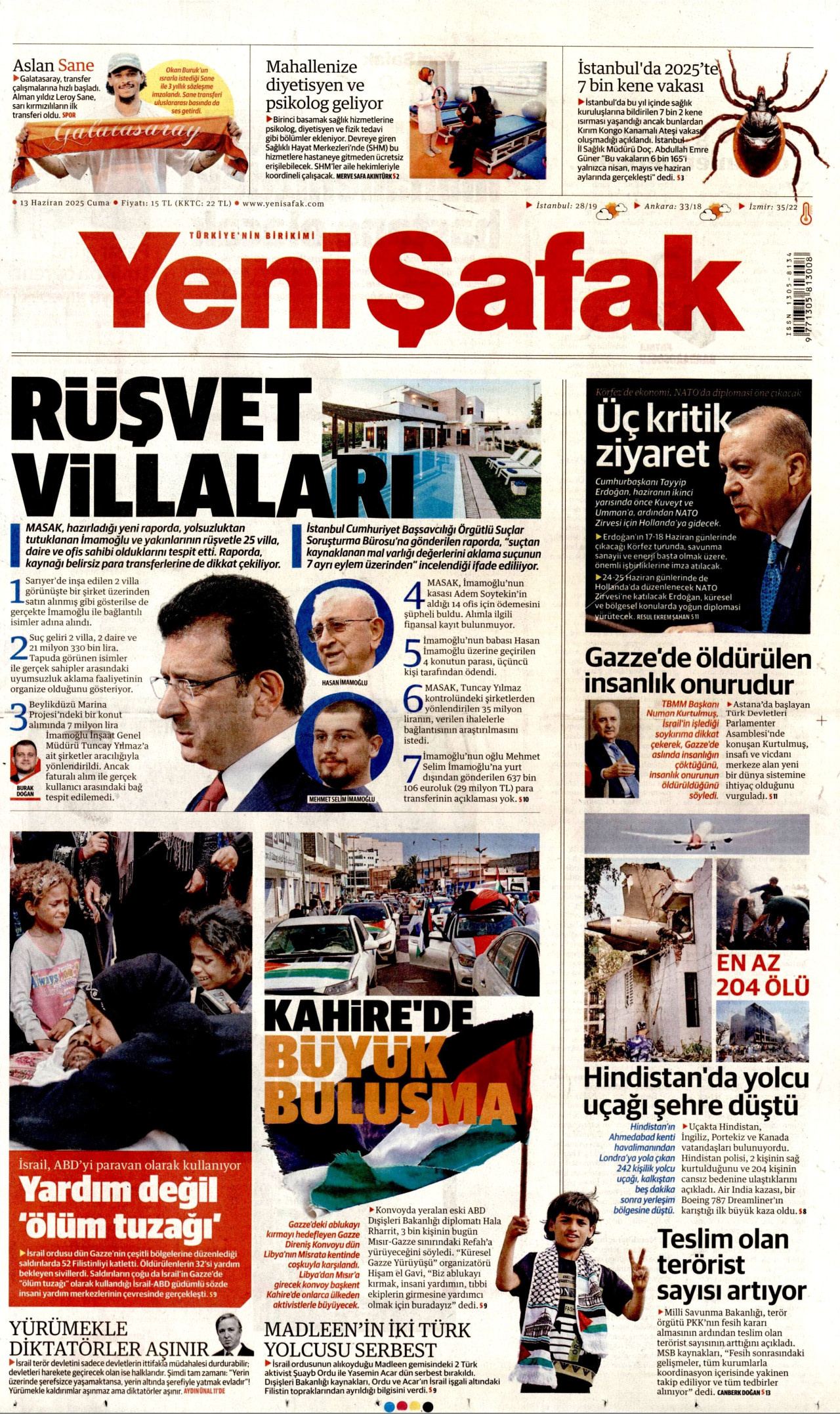 YENİ ŞAFAK gazetesinin 13 Haziran 2025 tarihli birinci sayfası