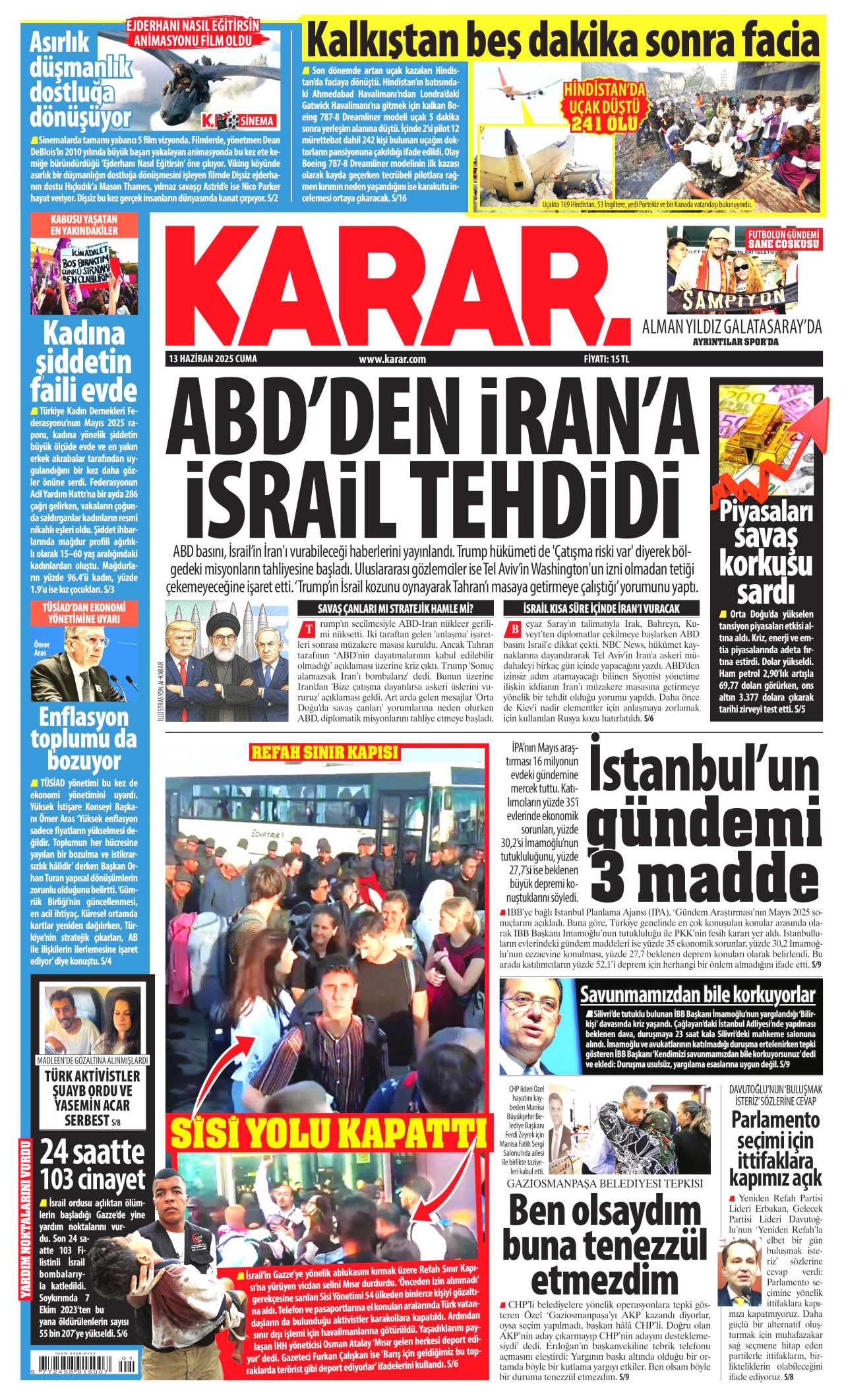 KARAR gazetesinin 13 Haziran 2025 tarihli birinci sayfası