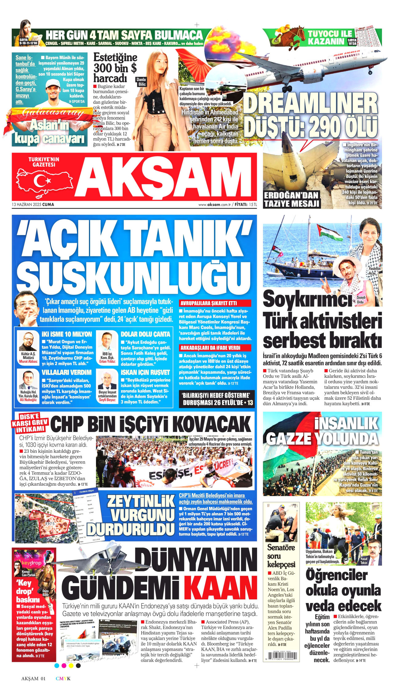 AKŞAM gazetesinin 13 Haziran 2025 tarihli birinci sayfası