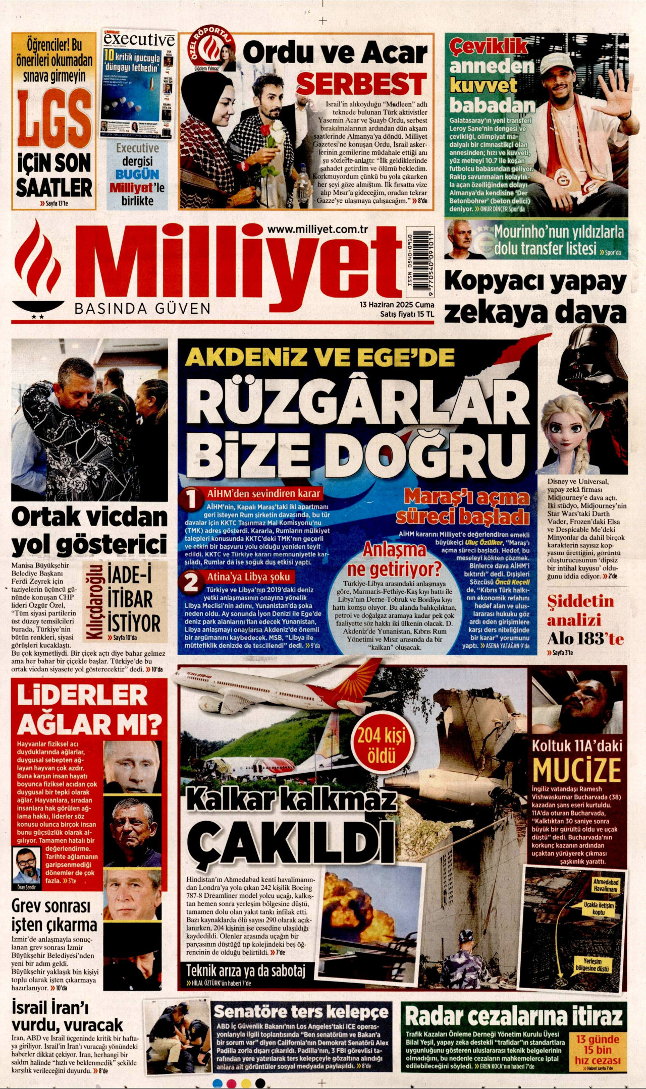 MİLLİYET gazetesinin 13 Haziran 2025 tarihli birinci sayfası