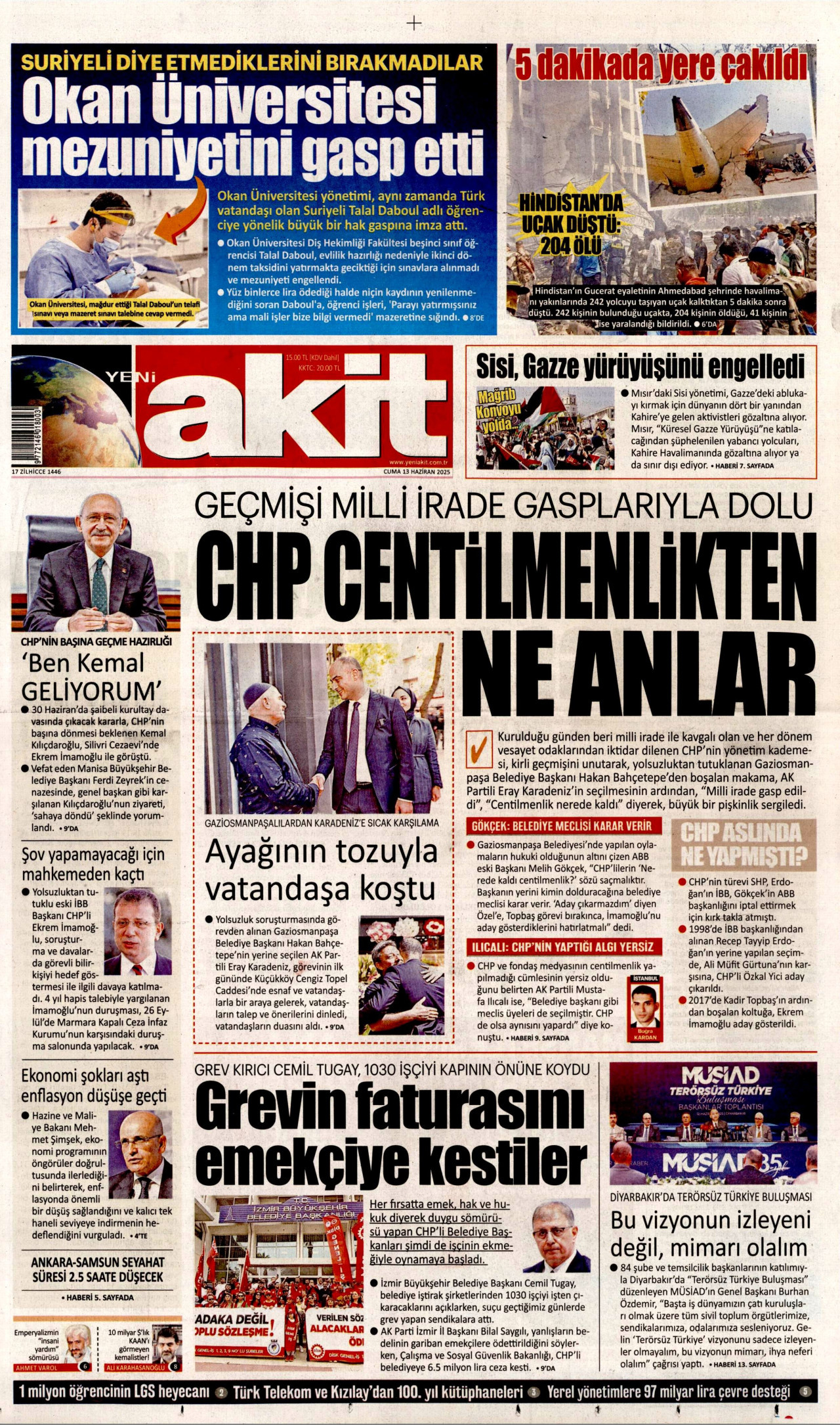 YENİ AKİT gazetesinin 13 Haziran 2025 tarihli birinci sayfası