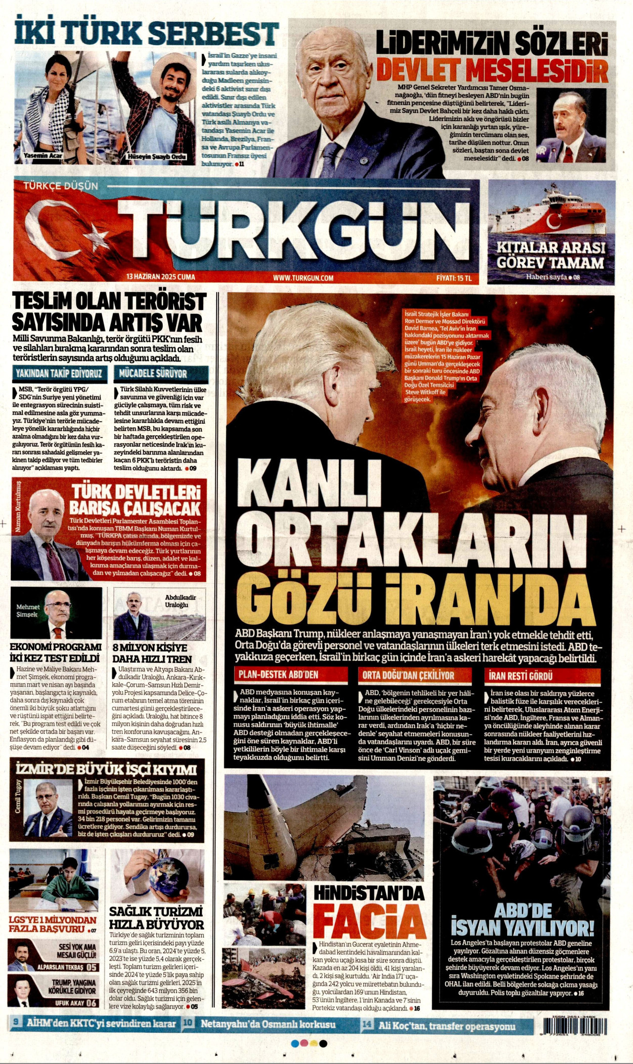 TÜRKGÜN gazetesinin 13 Haziran 2025 tarihli birinci sayfası